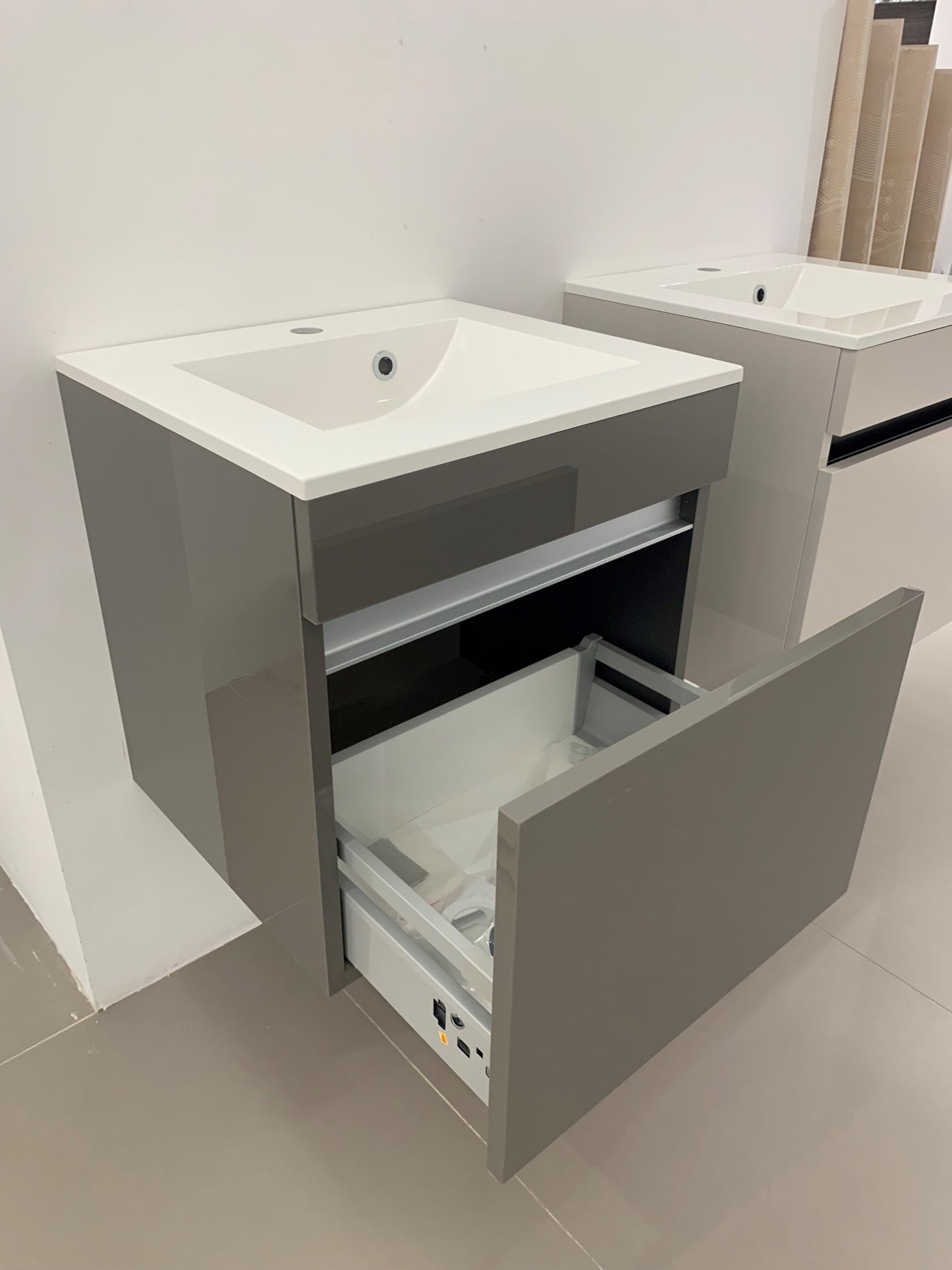 500MM JULE BASIN WALL HUNG UNIT - DARK GREY GLOSS/CHROME HANDLELESS RAIL