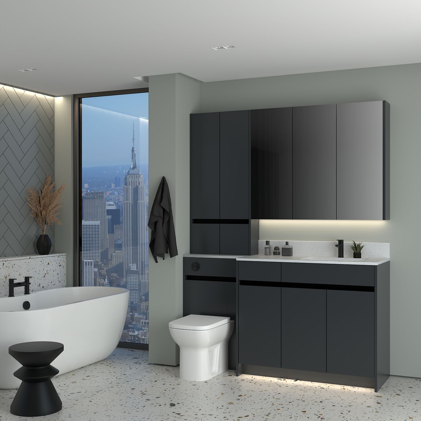 ELANA MATT WITH BLACK PROFILE & TAP BASE, TALL & WALL UNITS BATHROOM FITTED FURNITURE