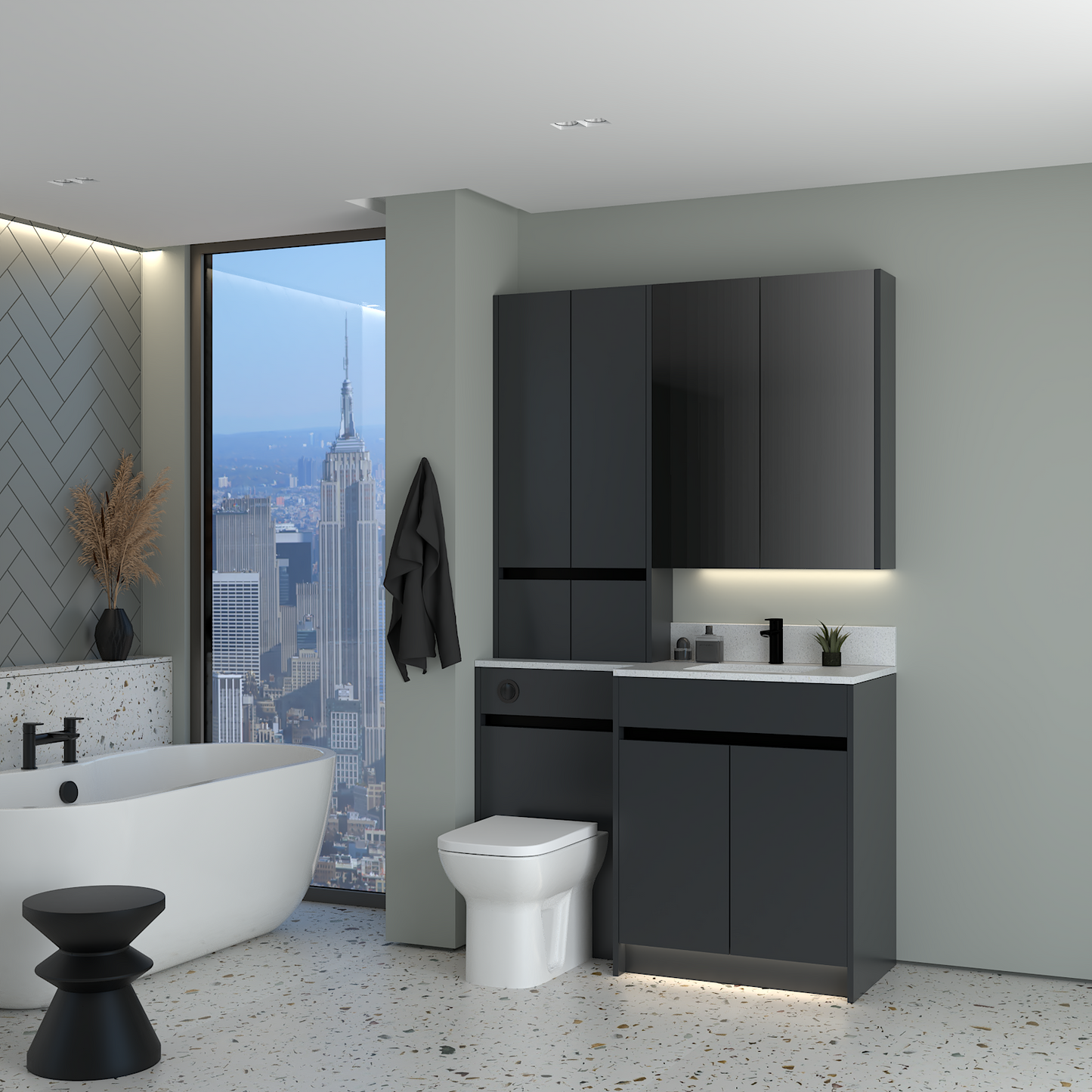 ELANA MATT WITH BLACK PROFILE & TAP BASE, TALL & WALL UNITS BATHROOM FITTED FURNITURE