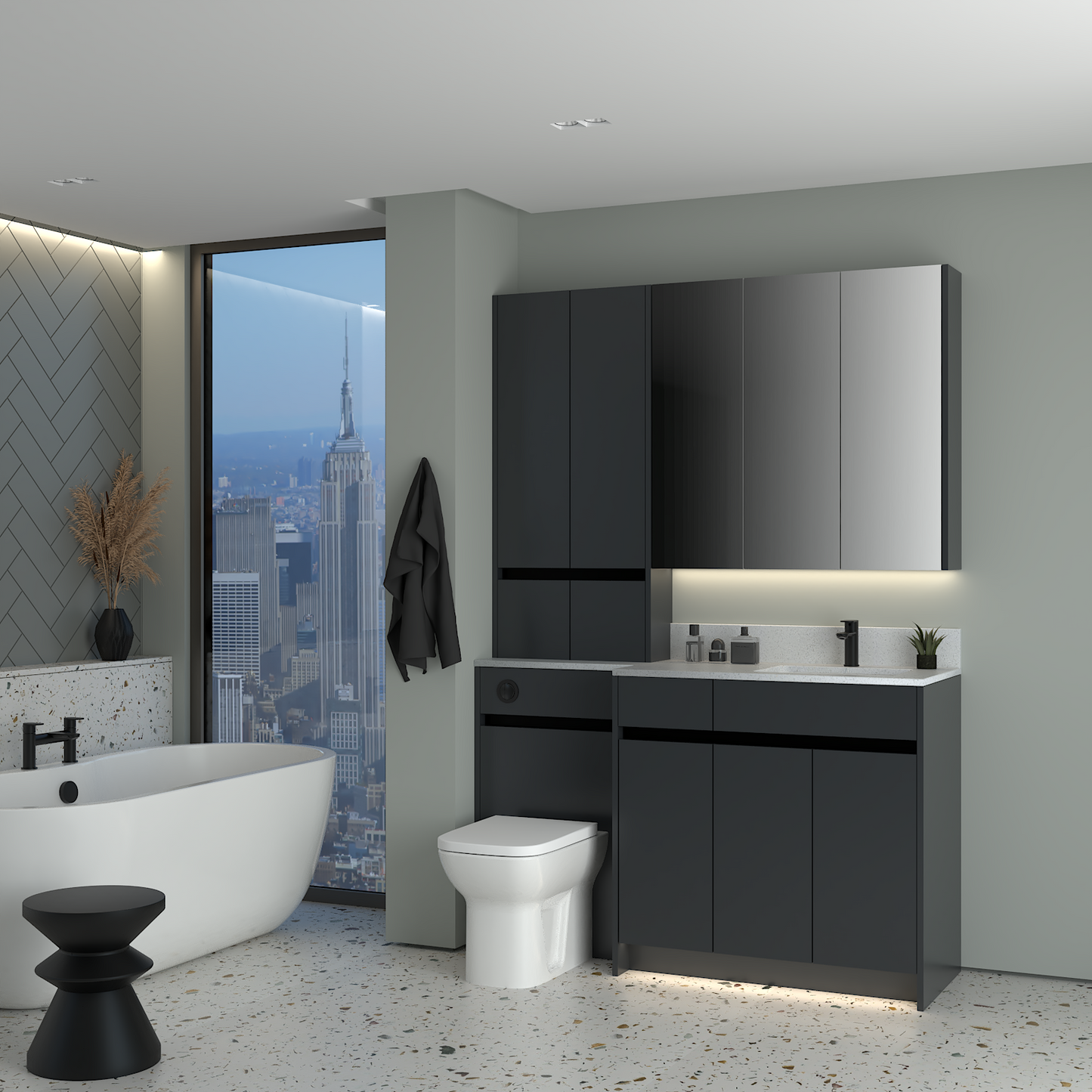 ELANA MATT WITH BLACK PROFILE & TAP BASE, TALL & WALL UNITS BATHROOM FITTED FURNITURE