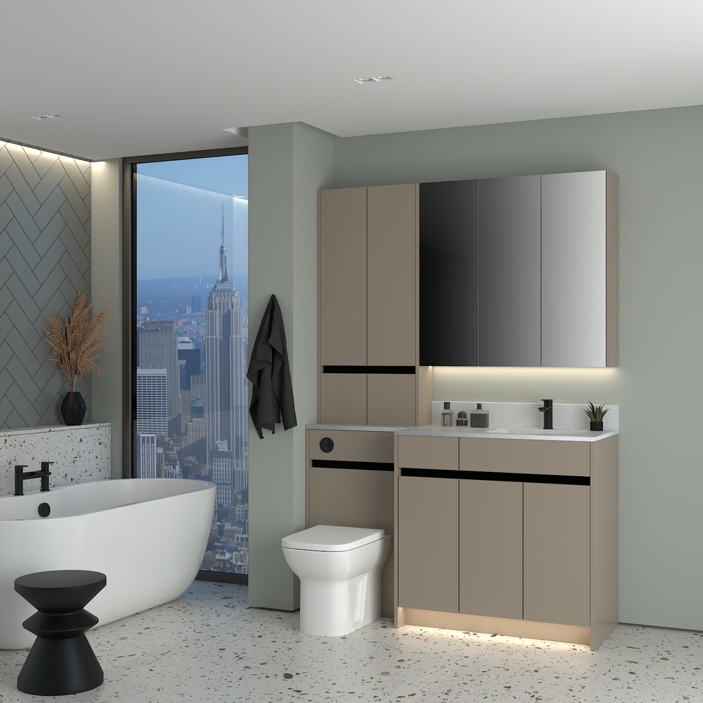 ELANA MATT WITH BLACK PROFILE & TAP BASE, TALL & WALL UNITS BATHROOM FITTED FURNITURE