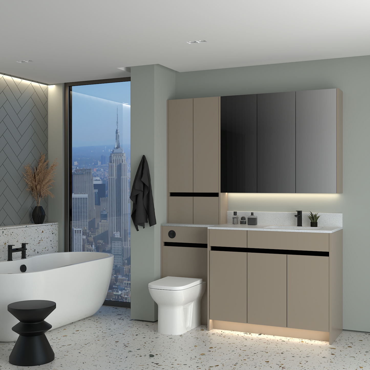 ELANA MATT WITH BLACK PROFILE & TAP BASE, TALL & WALL UNITS BATHROOM FITTED FURNITURE