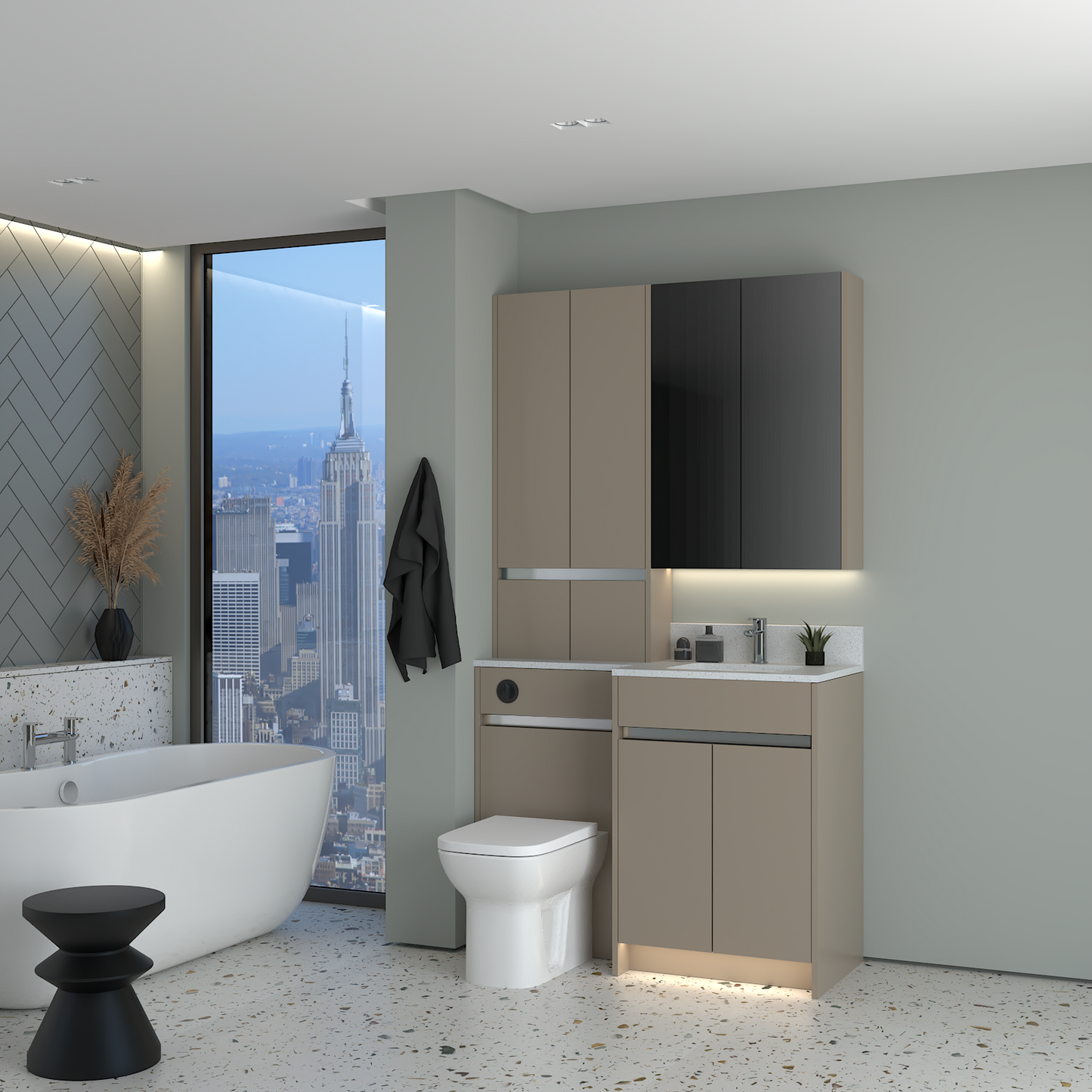 ELANA MATT WITH CHROME PROFILE & TAP BASE, TALL & WALL UNITS BATHROOM FITTED FURNITURE