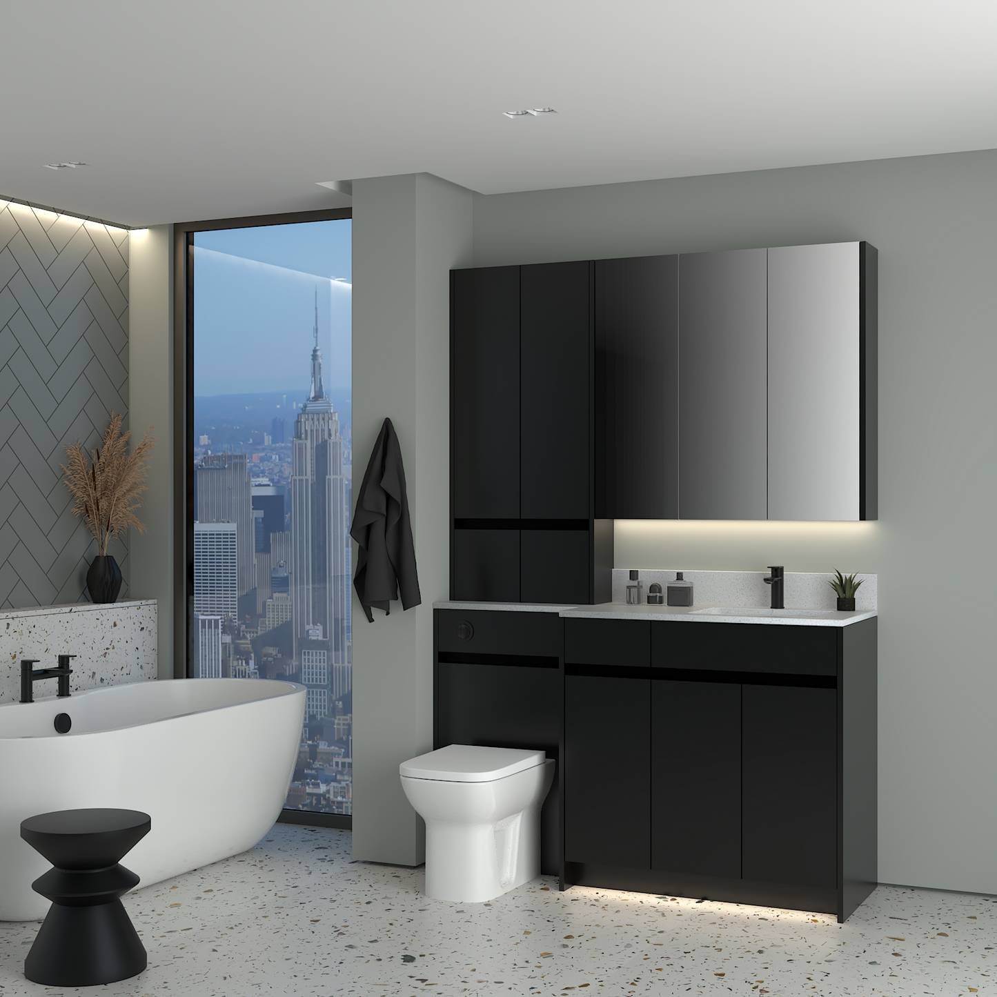 ELANA MATT WITH BLACK PROFILE & TAP BASE, TALL & WALL UNITS BATHROOM FITTED FURNITURE
