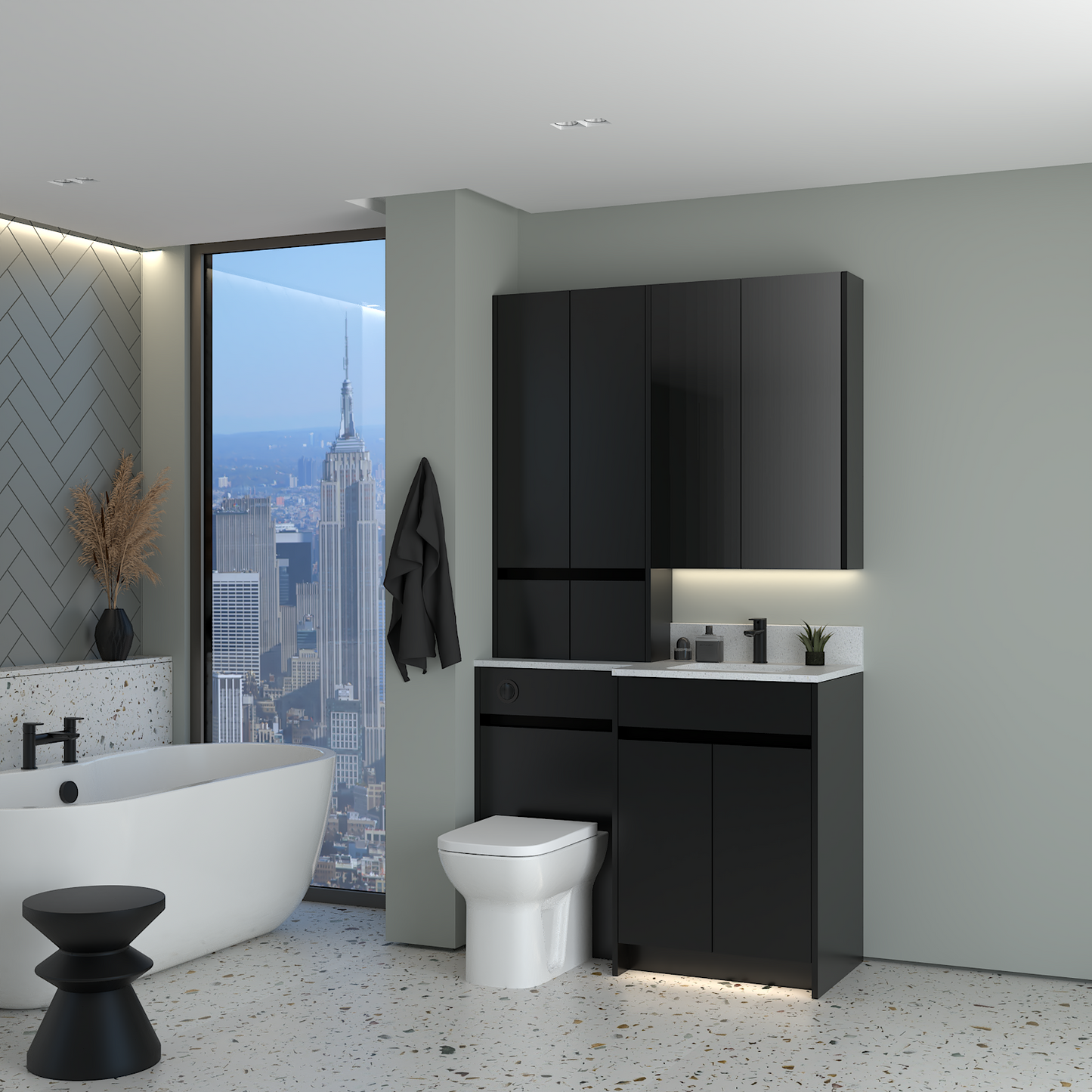 ELANA MATT WITH BLACK PROFILE & TAP BASE, TALL & WALL UNITS BATHROOM FITTED FURNITURE