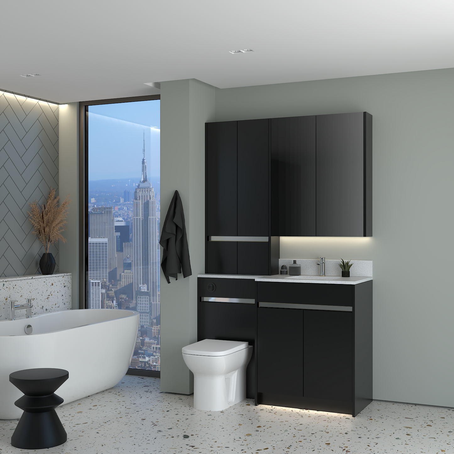 ELANA MATT WITH CHROME PROFILE & TAP BASE, TALL & WALL UNITS BATHROOM FITTED FURNITURE