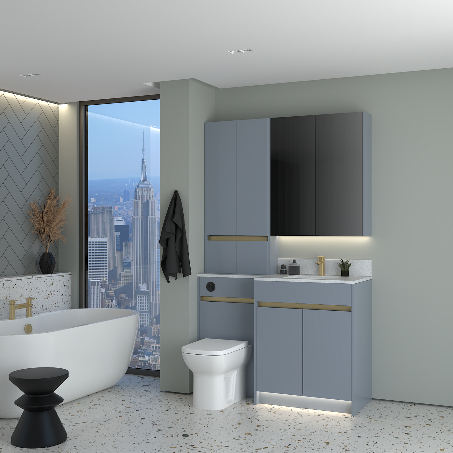 ELANA MATT WITH BRASS PROFILE & TAP BASE, TALL & WALL UNITS BATHROOM FITTED FURNITURE