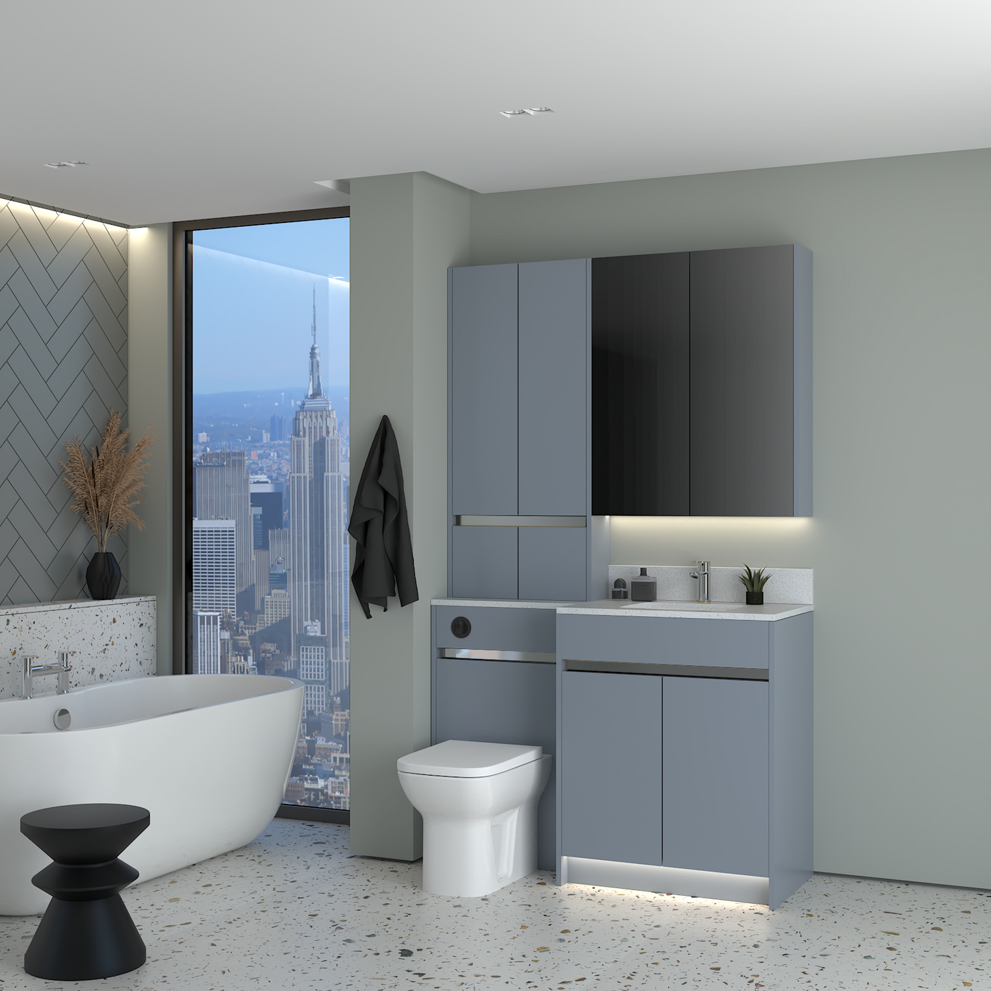 ELANA MATT WITH CHROME PROFILE & TAP BASE, TALL & WALL UNITS BATHROOM FITTED FURNITURE