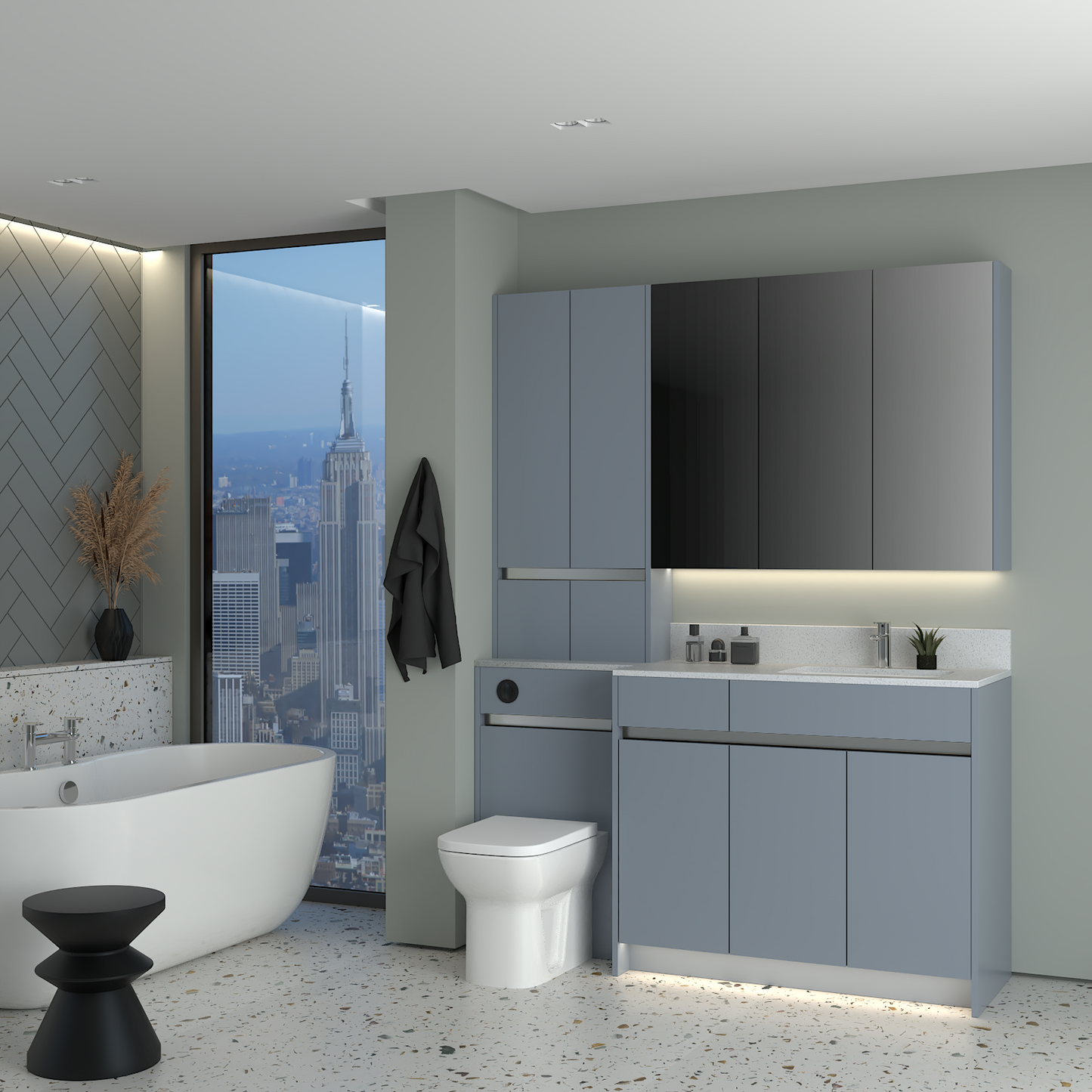 ELANA MATT WITH CHROME PROFILE & TAP BASE, TALL & WALL UNITS BATHROOM FITTED FURNITURE