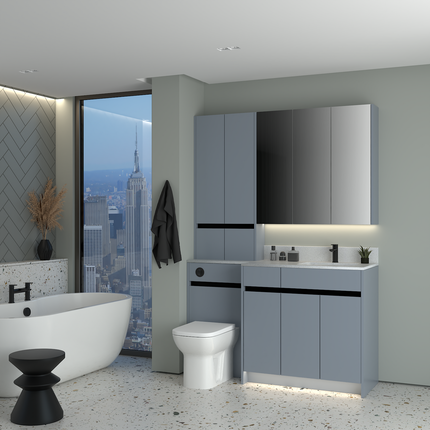ELANA MATT WITH BLACK PROFILE & TAP BASE, TALL & WALL UNITS BATHROOM FITTED FURNITURE