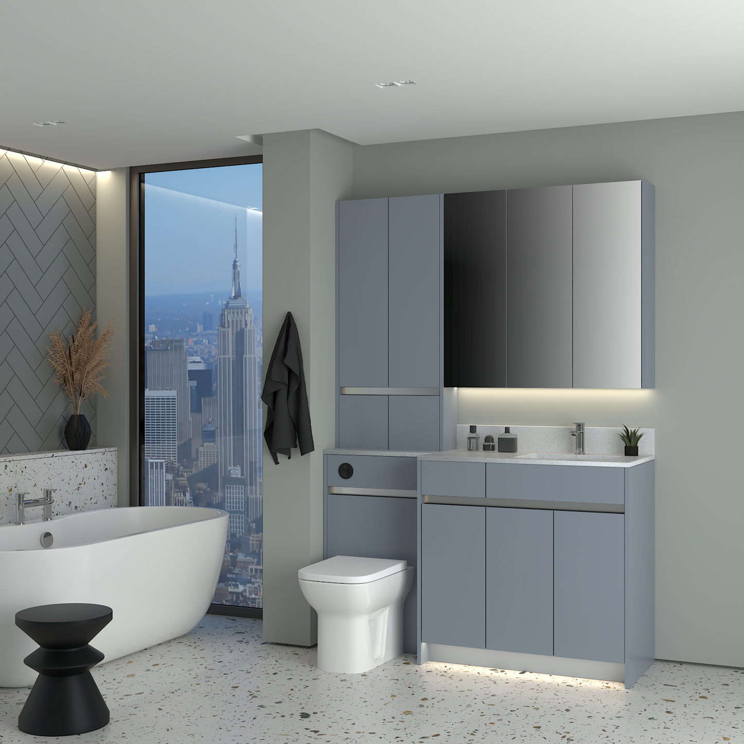 ELANA MATT WITH CHROME PROFILE & TAP BASE, TALL & WALL UNITS BATHROOM FITTED FURNITURE