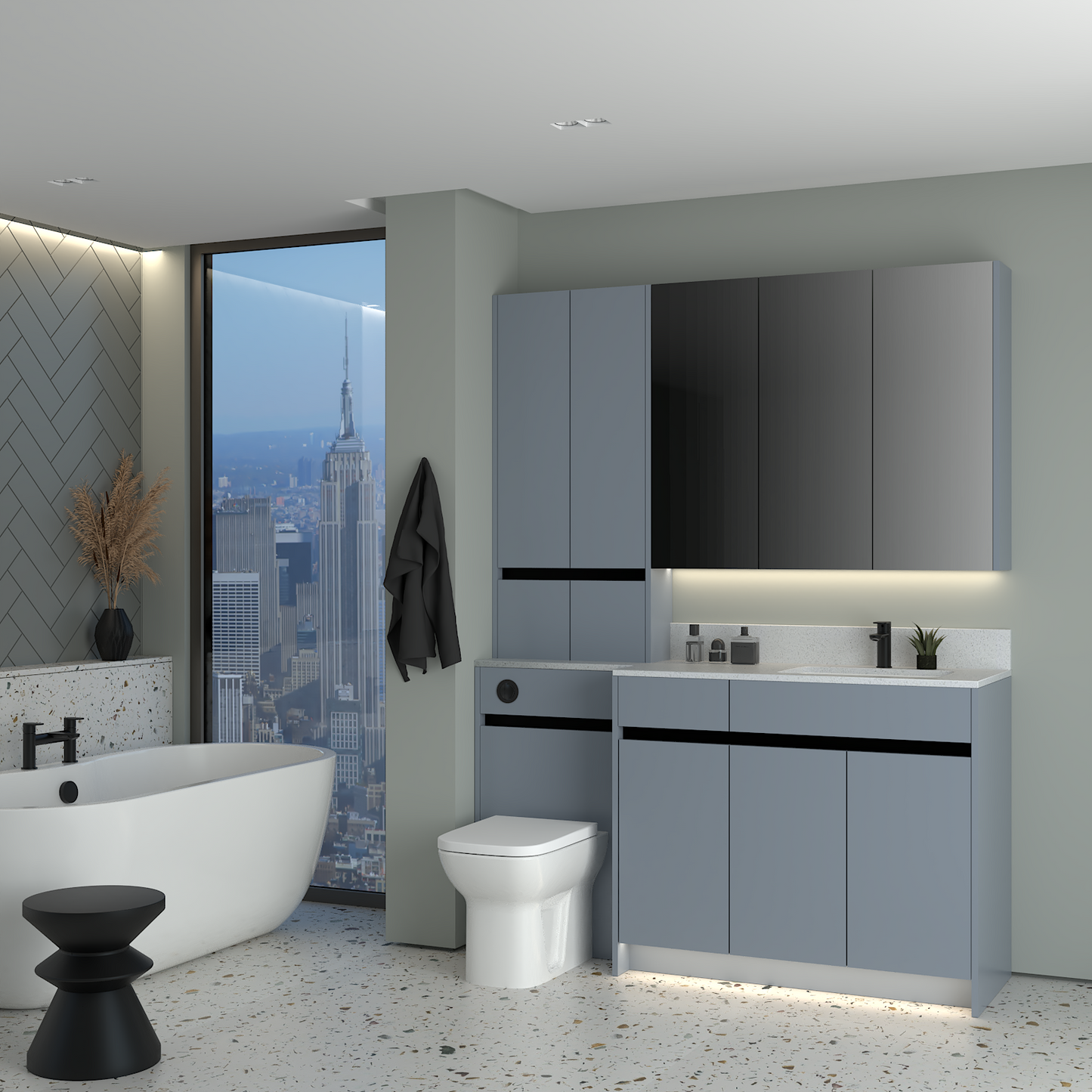 ELANA MATT WITH BLACK PROFILE & TAP BASE, TALL & WALL UNITS BATHROOM FITTED FURNITURE