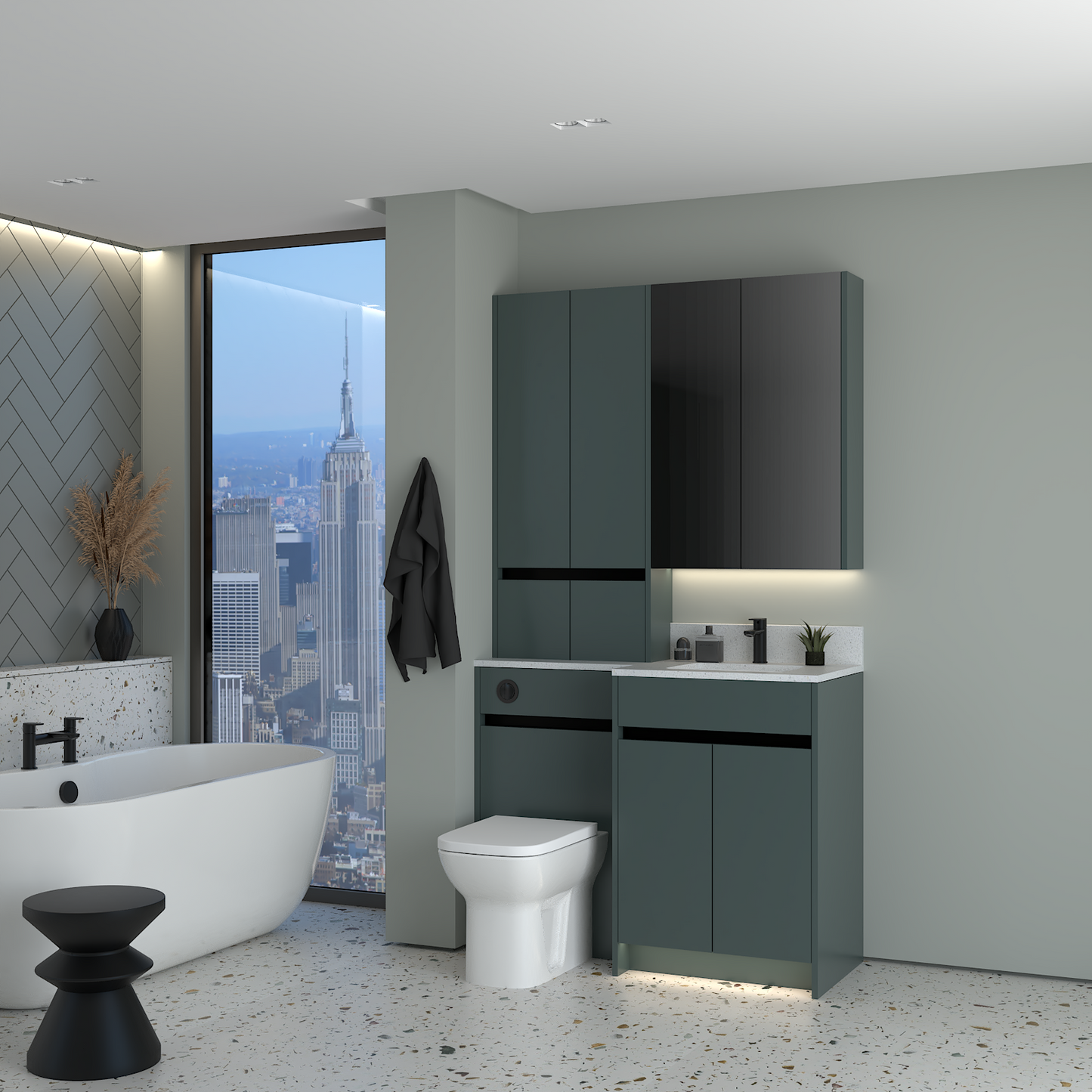 ELANA MATT WITH BLACK PROFILE & TAP BASE, TALL & WALL UNITS BATHROOM FITTED FURNITURE