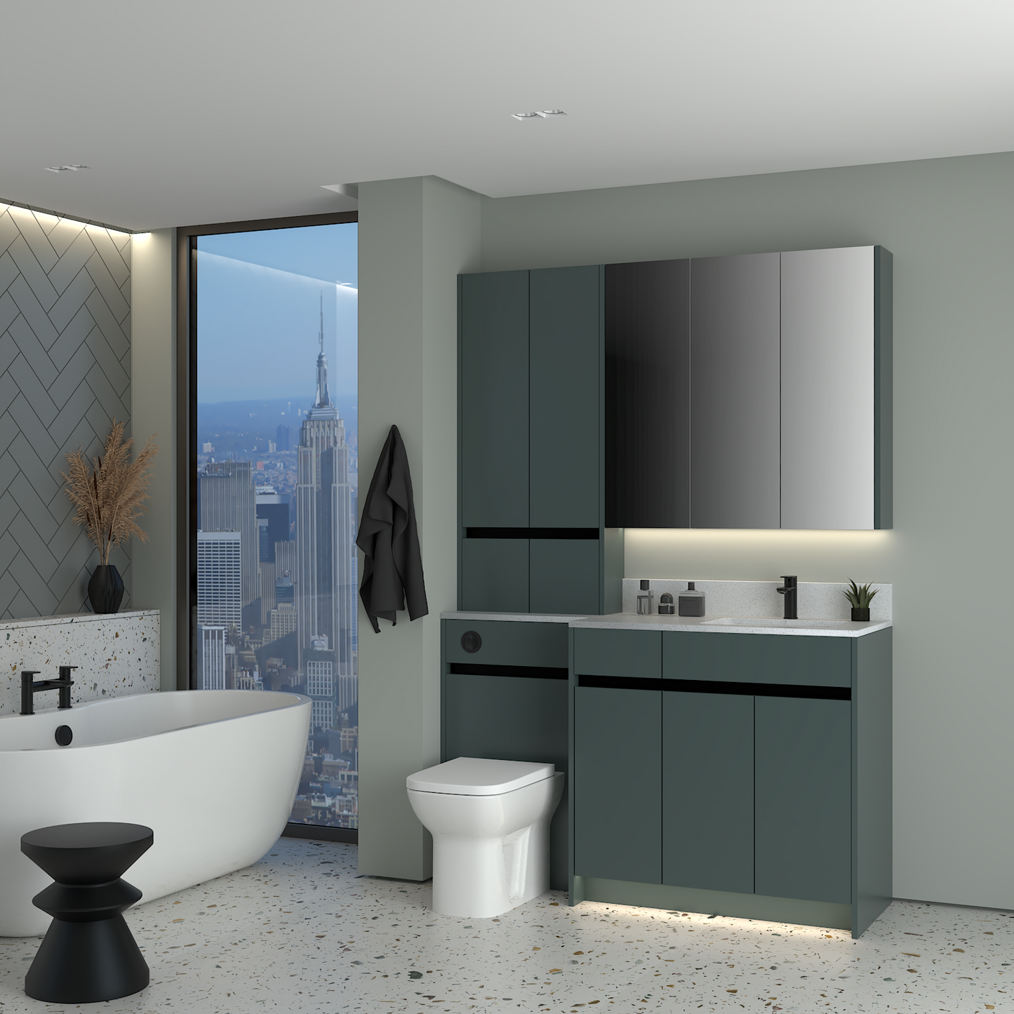 ELANA MATT WITH BLACK PROFILE & TAP BASE, TALL & WALL UNITS BATHROOM FITTED FURNITURE