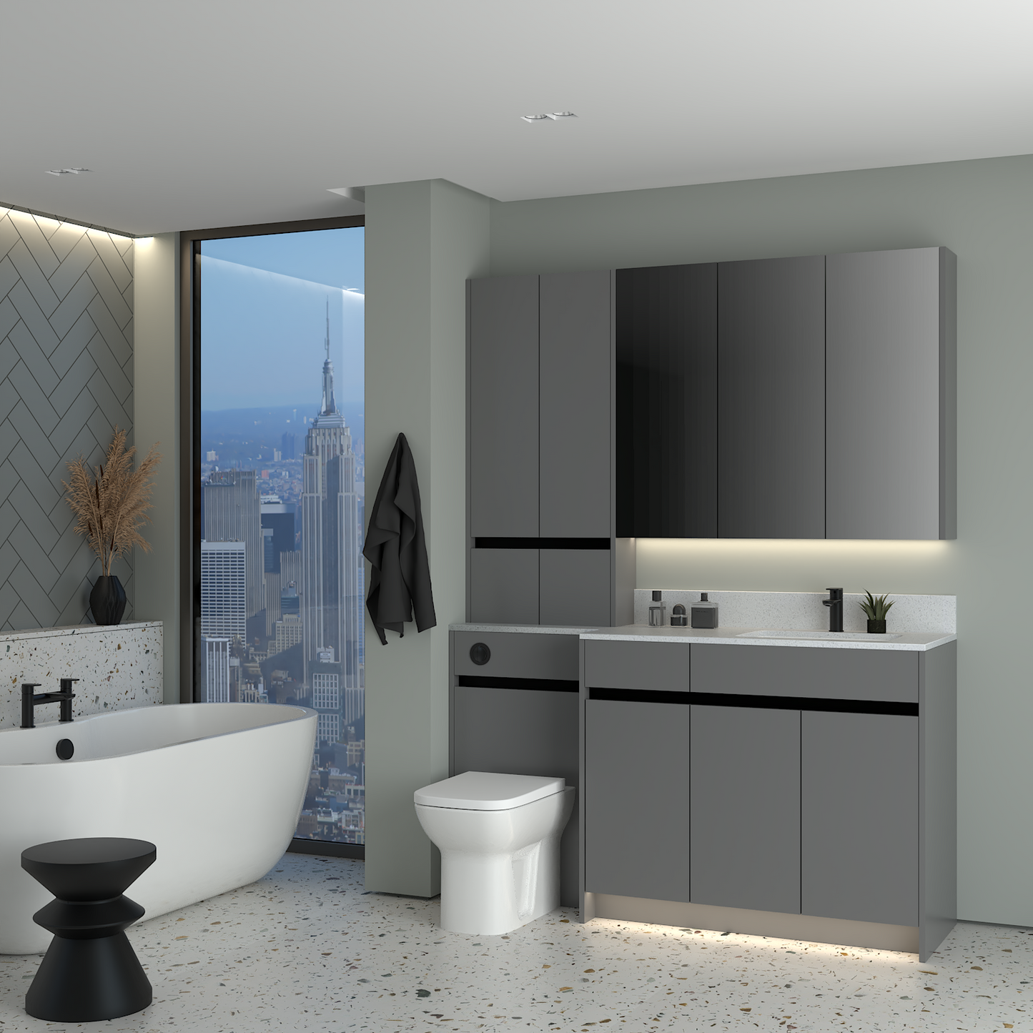 ELANA MATT WITH BLACK PROFILE & TAP BASE, TALL & WALL UNITS BATHROOM FITTED FURNITURE