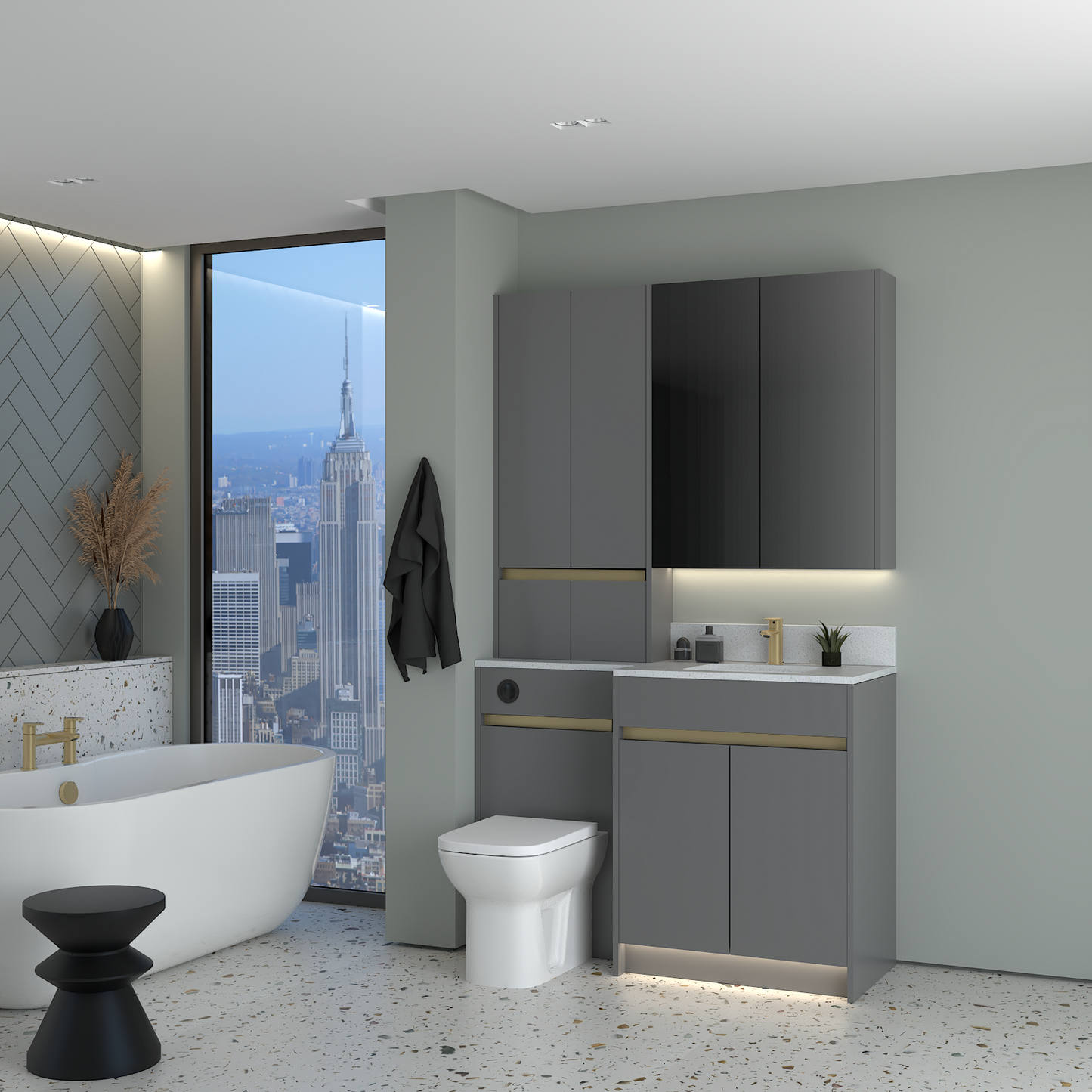 ELANA MATT WITH BRASS PROFILE & TAP BASE, TALL & WALL UNITS BATHROOM FITTED FURNITURE