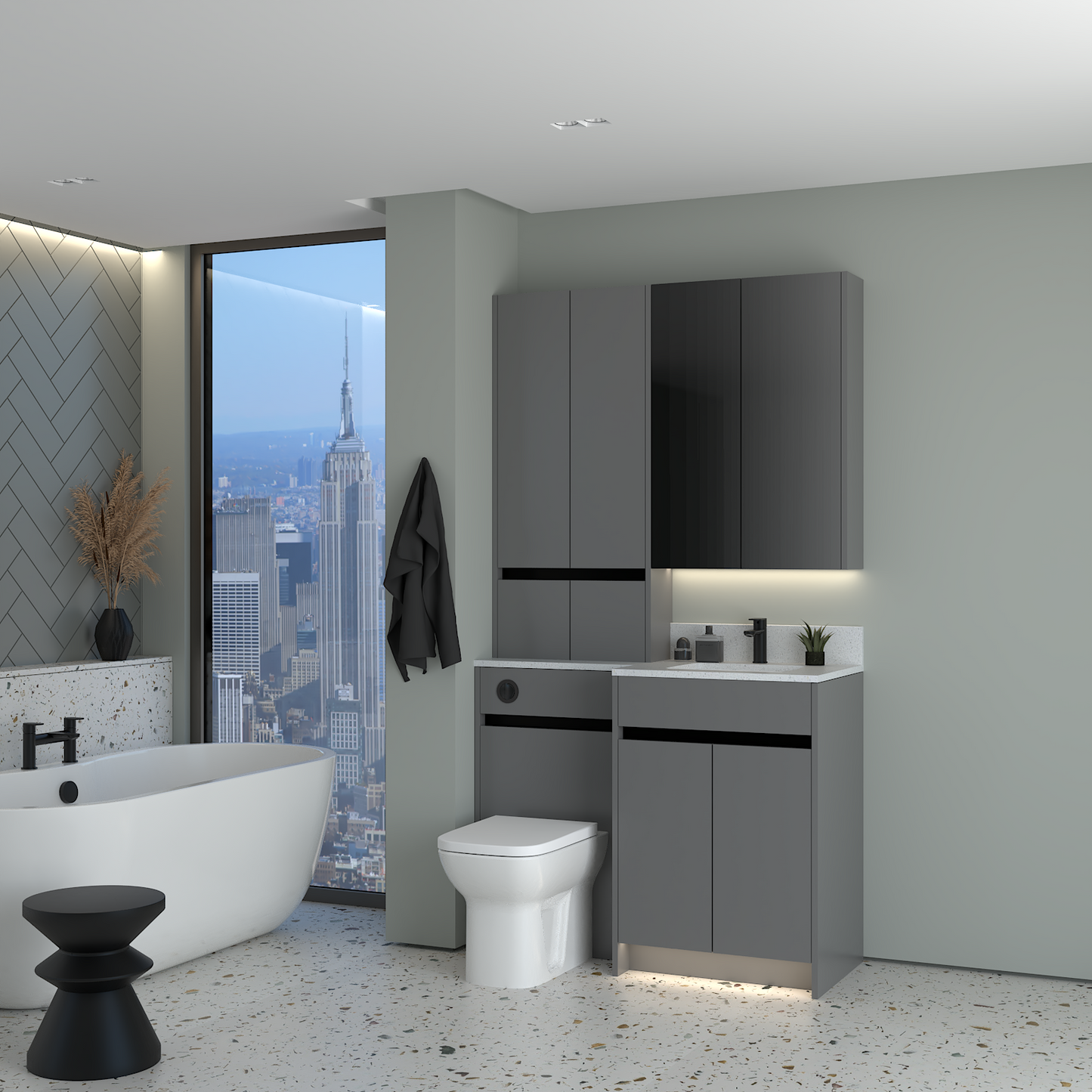 ELANA MATT WITH BLACK PROFILE & TAP BASE, TALL & WALL UNITS BATHROOM FITTED FURNITURE