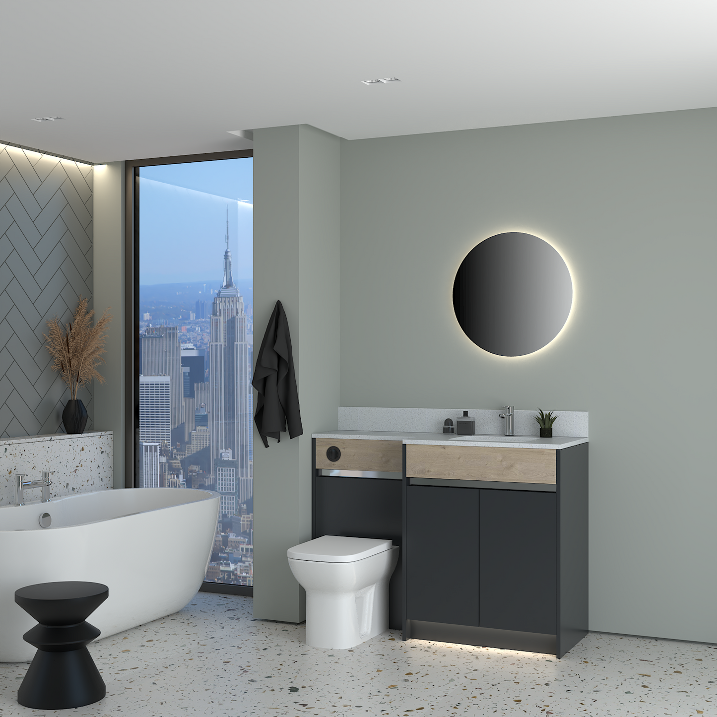 ELANA OAK / MATT WITH CHROME PROFILE & TAP BASE UNITS BATHROOM FITTED FURNITURE