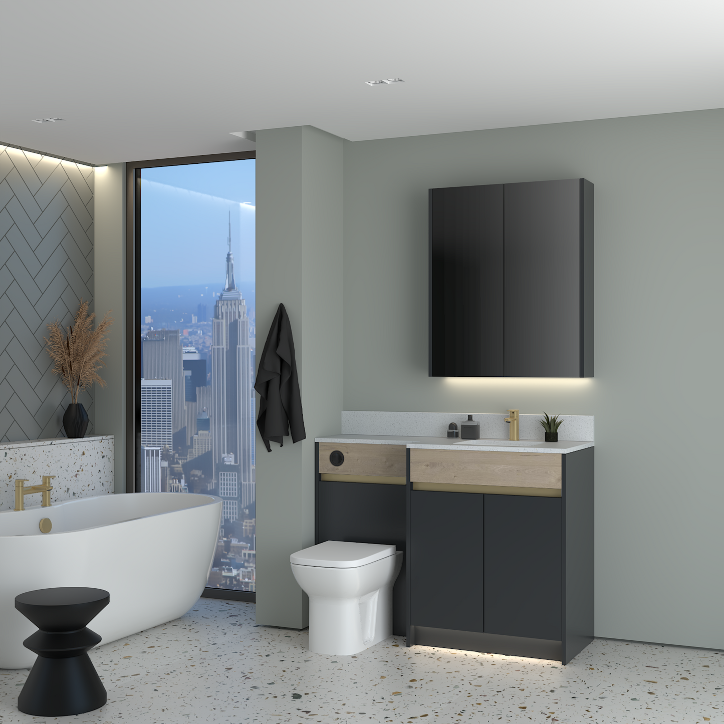 ELANA OAK / MATT WITH BRASS PROFILE & TAP BASE & WALL UNITS BATHROOM FITTED FURNITURE