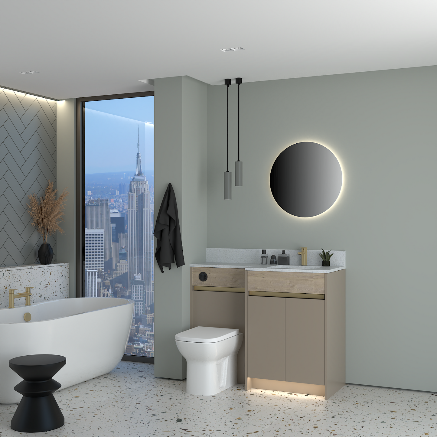 ELANA OAK / MATT WITH BRASS PROFILE & TAP BASE UNITS BATHROOM FITTED FURNITURE