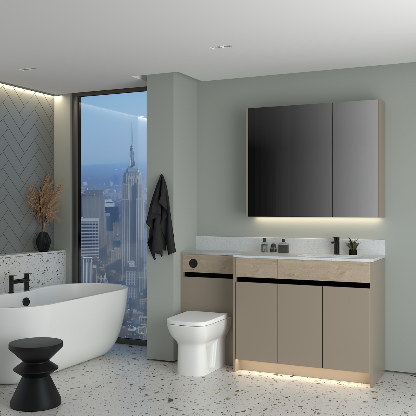 ELANA OAK / MATT WITH BLACK PROFILE & TAP BASE & WALL UNITS BATHROOM FITTED FURNITURE