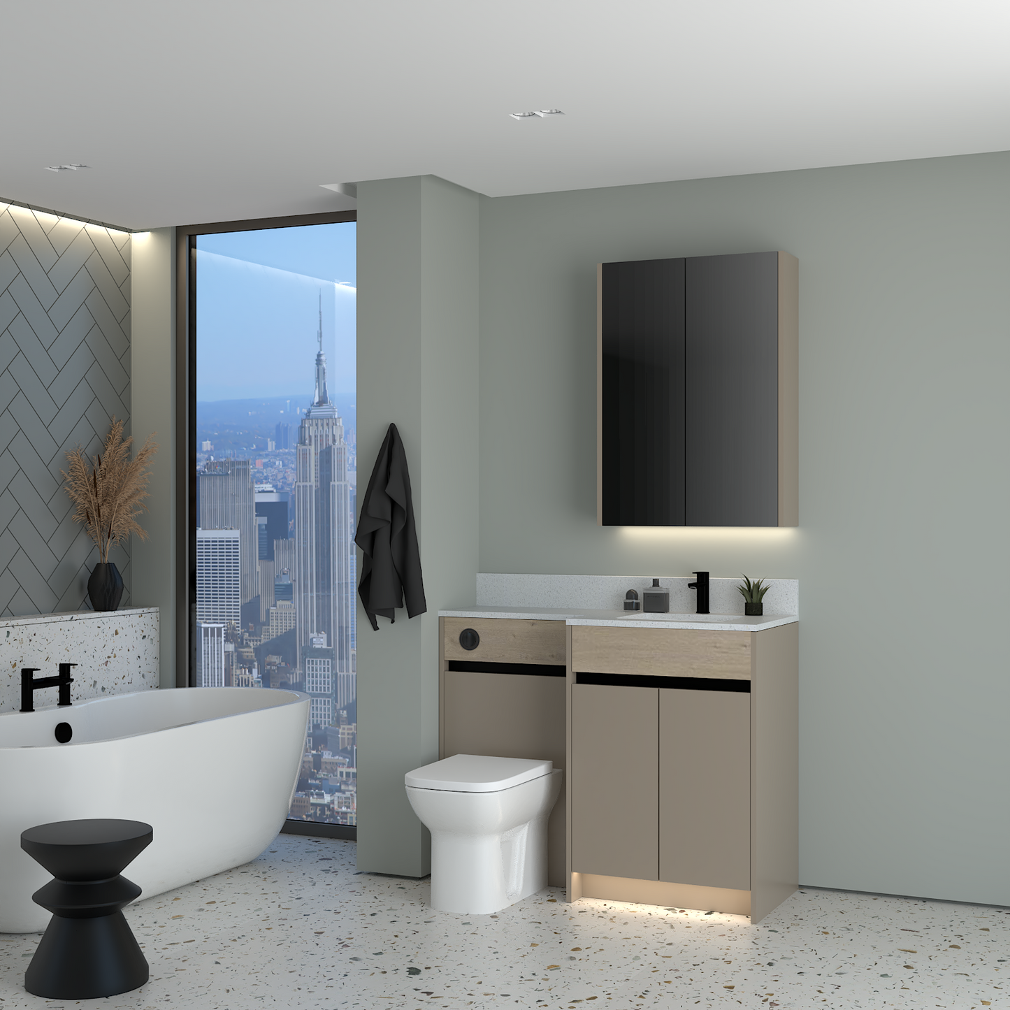 ELANA OAK / MATT WITH BLACK PROFILE & TAP BASE & WALL UNITS BATHROOM FITTED FURNITURE