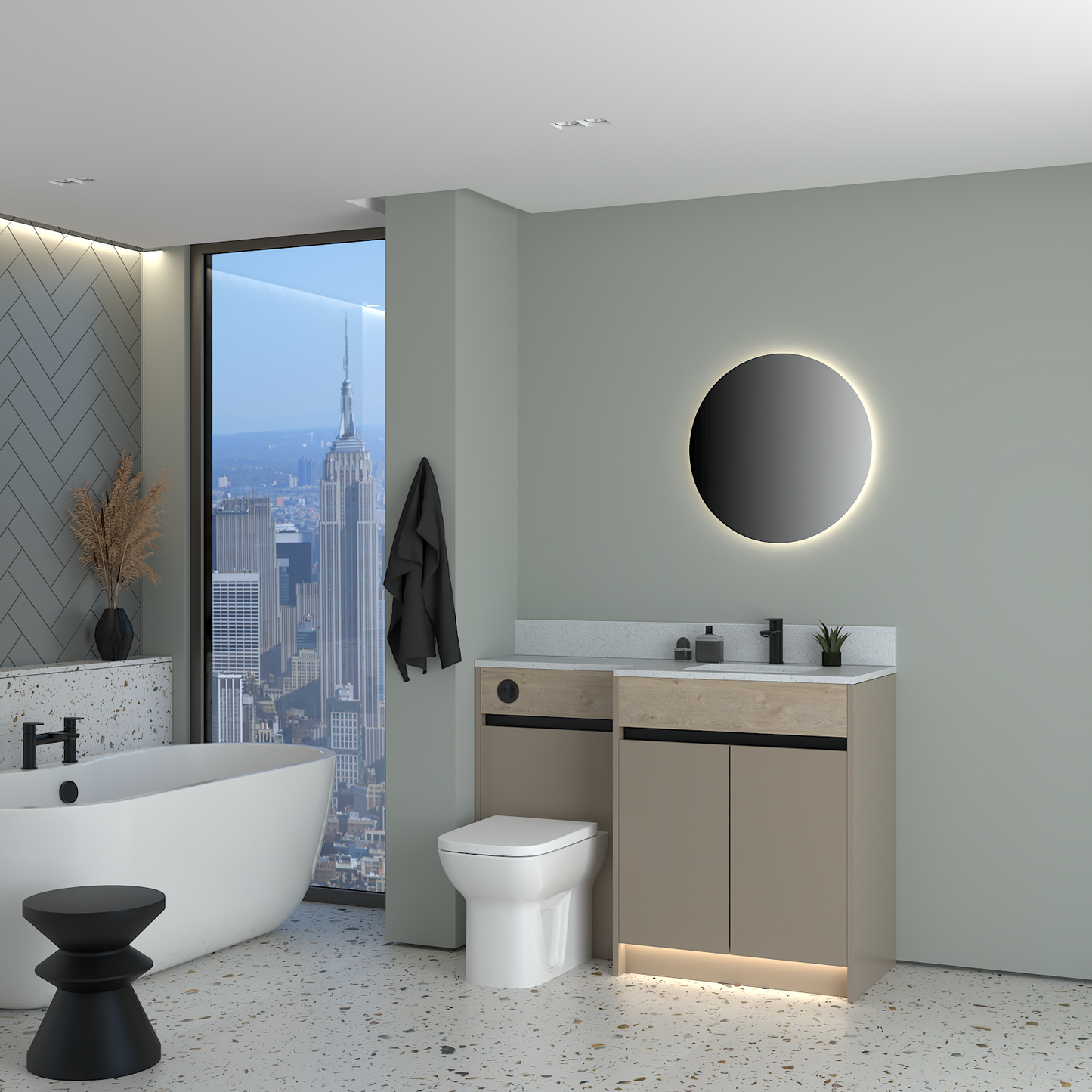 ELANA OAK / MATT WITH BLACK PROFILE & TAP BASE UNITS BATHROOM FITTED FURNITURE