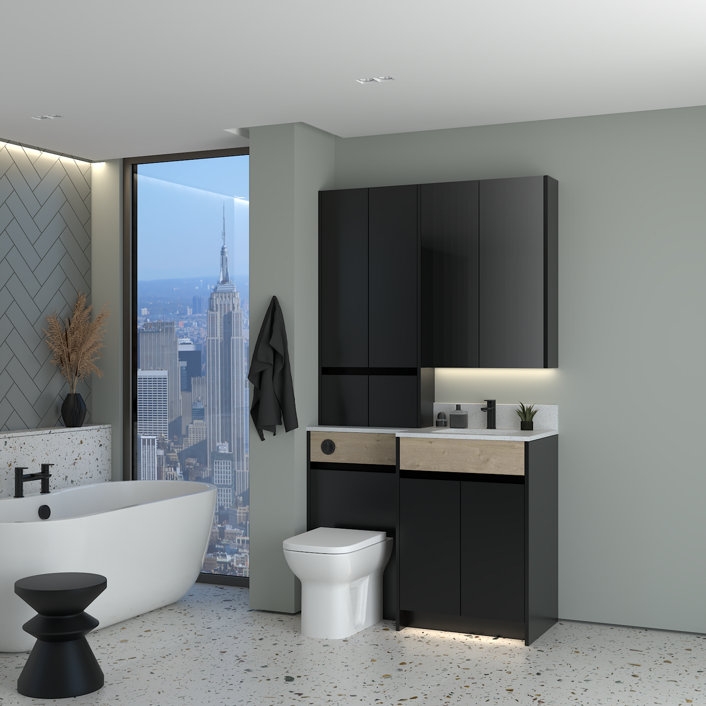 ELANA OAK / MATT WITH BLACK PROFILE & TAP BASE, TALL & WALL UNITS BATHROOM FITTED FURNITURE