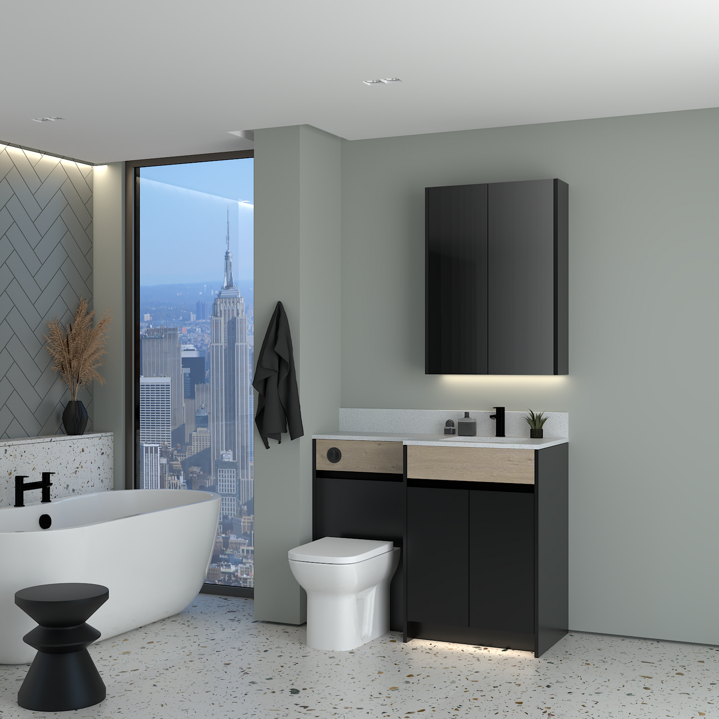 ELANA OAK / MATT WITH BLACK PROFILE & TAP BASE & WALL UNITS BATHROOM FITTED FURNITURE