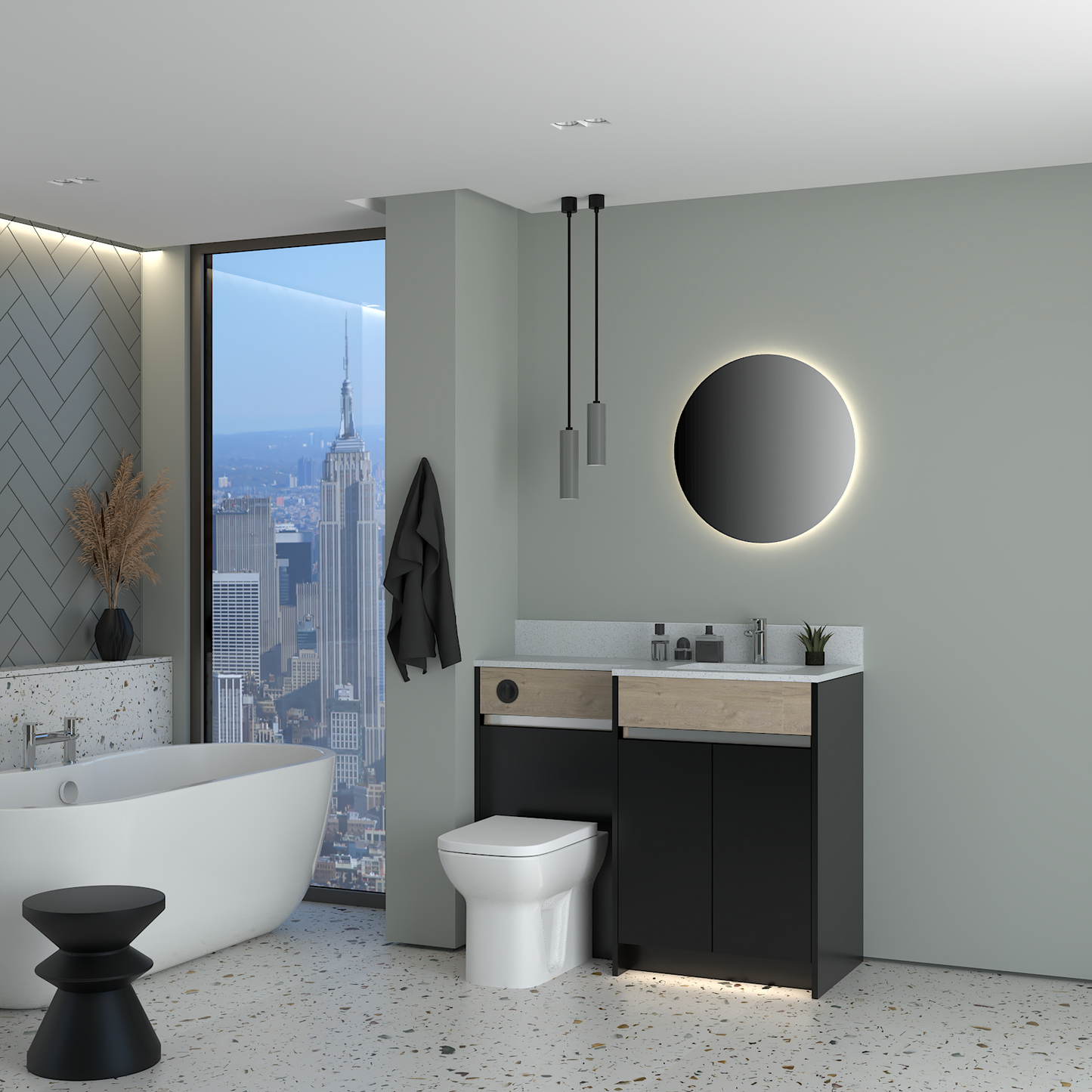 ELANA OAK / MATT WITH CHROME PROFILE & TAP BASE UNITS BATHROOM FITTED FURNITURE