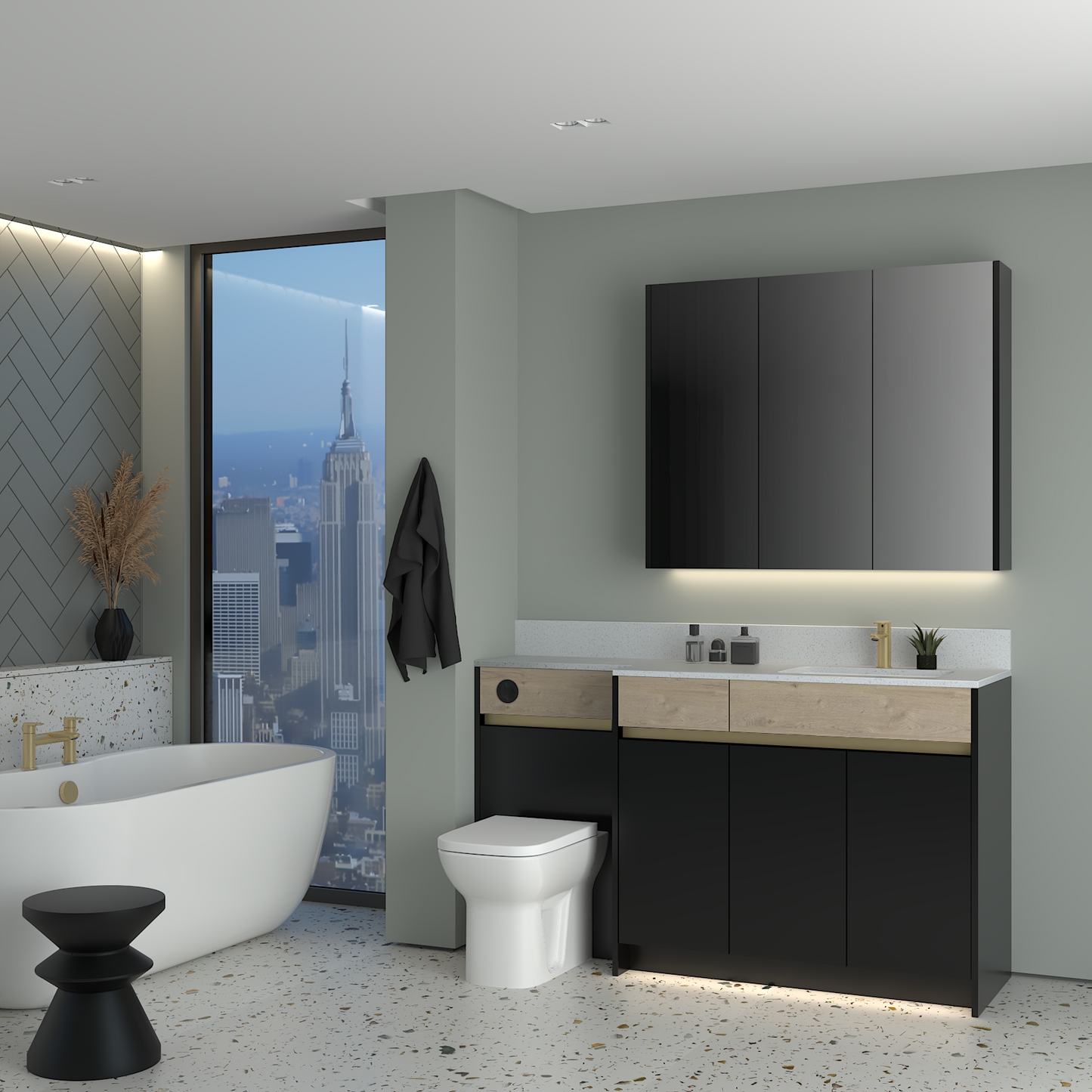 ELANA OAK / MATT WITH BRASS PROFILE & TAP BASE & WALL UNITS BATHROOM FITTED FURNITURE