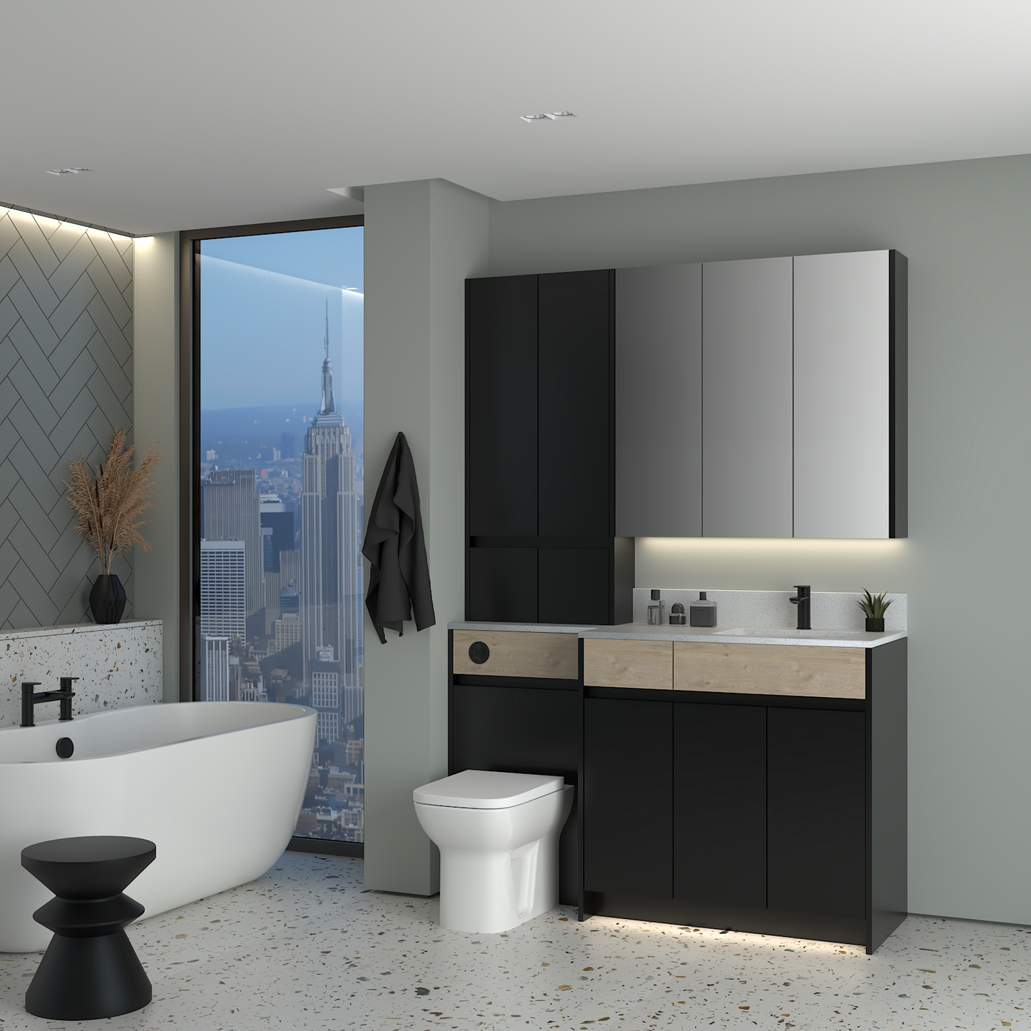 ELANA OAK / MATT WITH BLACK PROFILE & TAP BASE, TALL & WALL UNITS BATHROOM FITTED FURNITURE