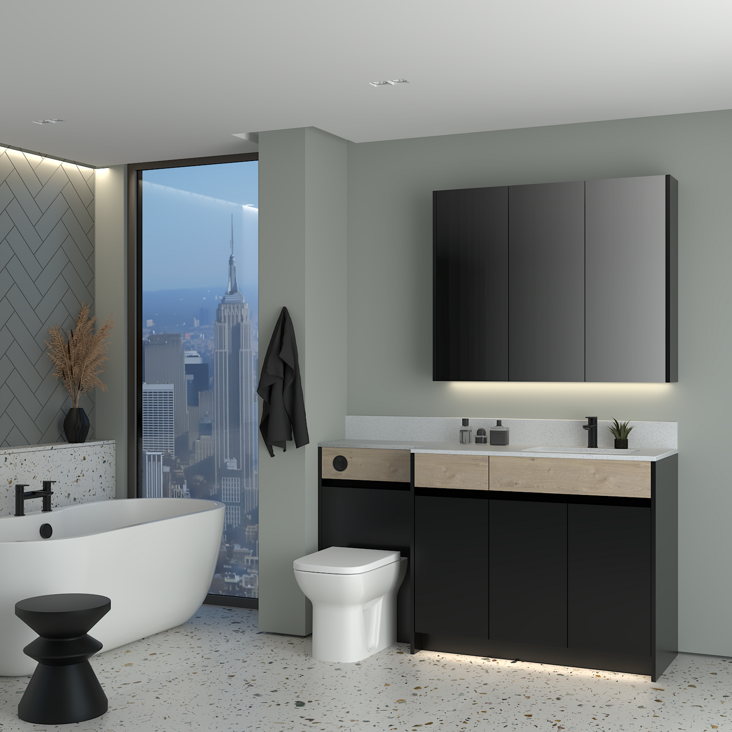 ELANA OAK / MATT WITH BLACK PROFILE & TAP BASE & WALL UNITS BATHROOM FITTED FURNITURE