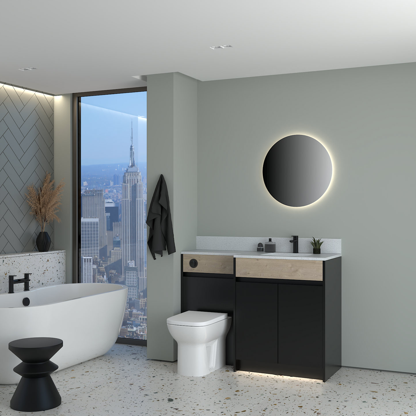 ELANA OAK / MATT WITH BLACK PROFILE & TAP BASE UNITS BATHROOM FITTED FURNITURE