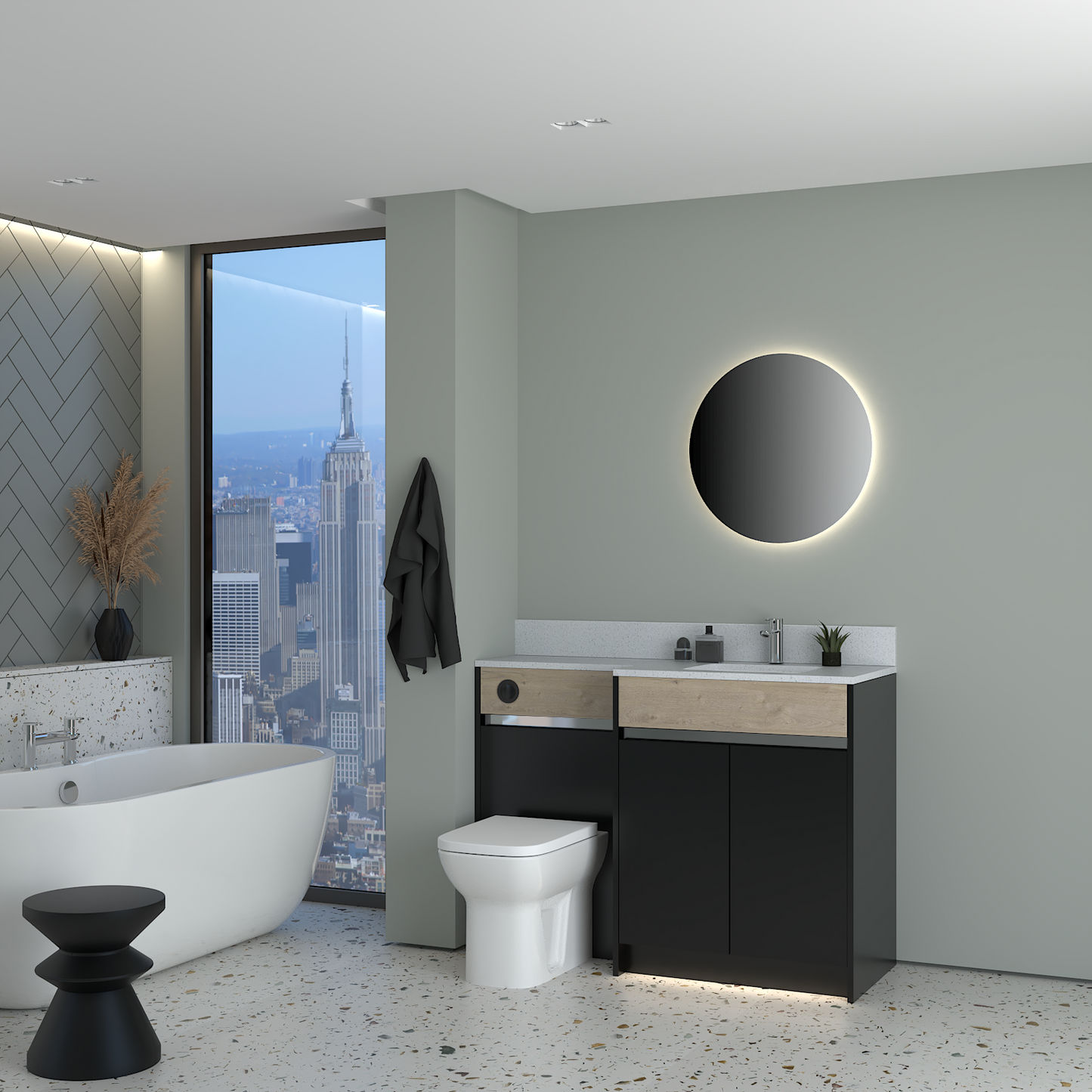 ELANA OAK / MATT WITH CHROME PROFILE & TAP BASE UNITS BATHROOM FITTED FURNITURE