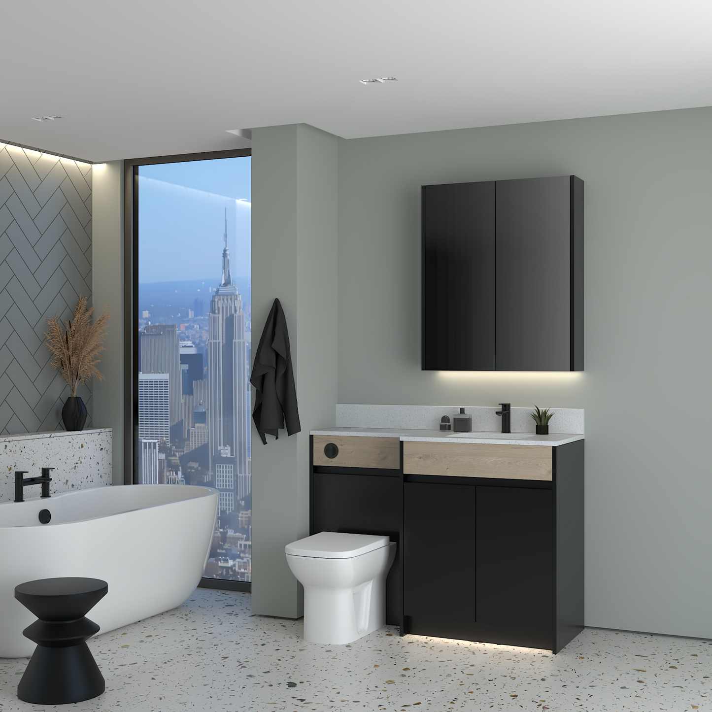 ELANA OAK / MATT WITH BLACK PROFILE & TAP BASE & WALL UNITS BATHROOM FITTED FURNITURE