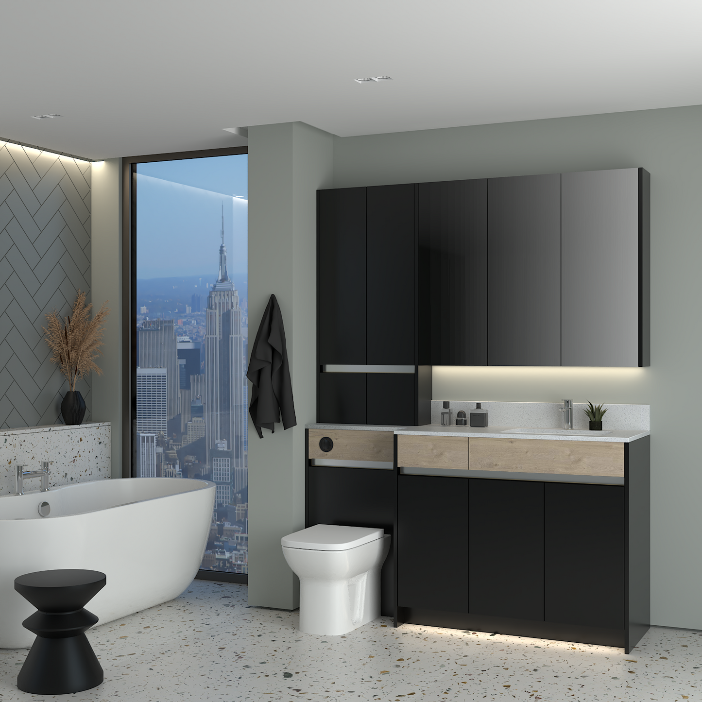 ELANA OAK / MATT WITH CHROME PROFILE & TAP BASE, TALL & WALL UNITS BATHROOM FITTED FURNITURE