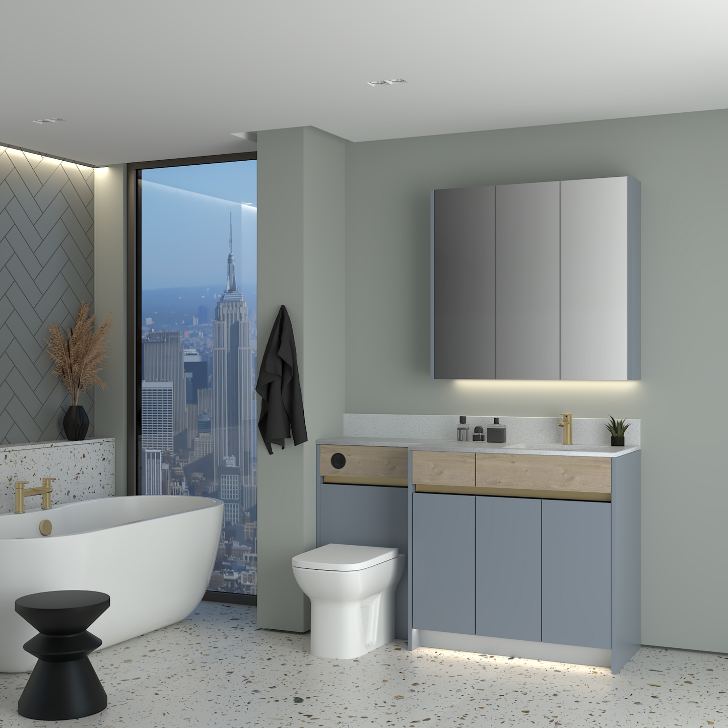 ELANA OAK / MATT WITH BRASS PROFILE & TAP BASE & WALL UNITS BATHROOM FITTED FURNITURE