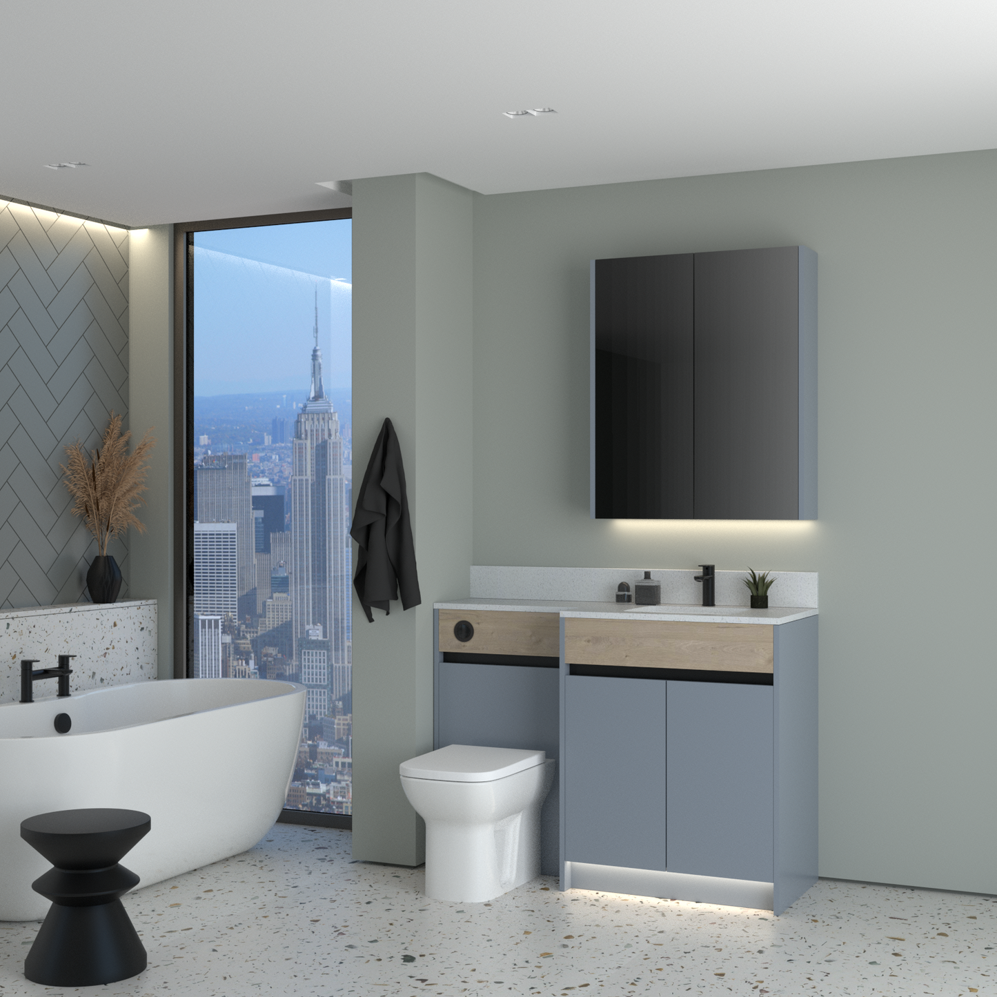 ELANA OAK / MATT WITH BLACK PROFILE & TAP BASE & WALL UNITS BATHROOM FITTED FURNITURE