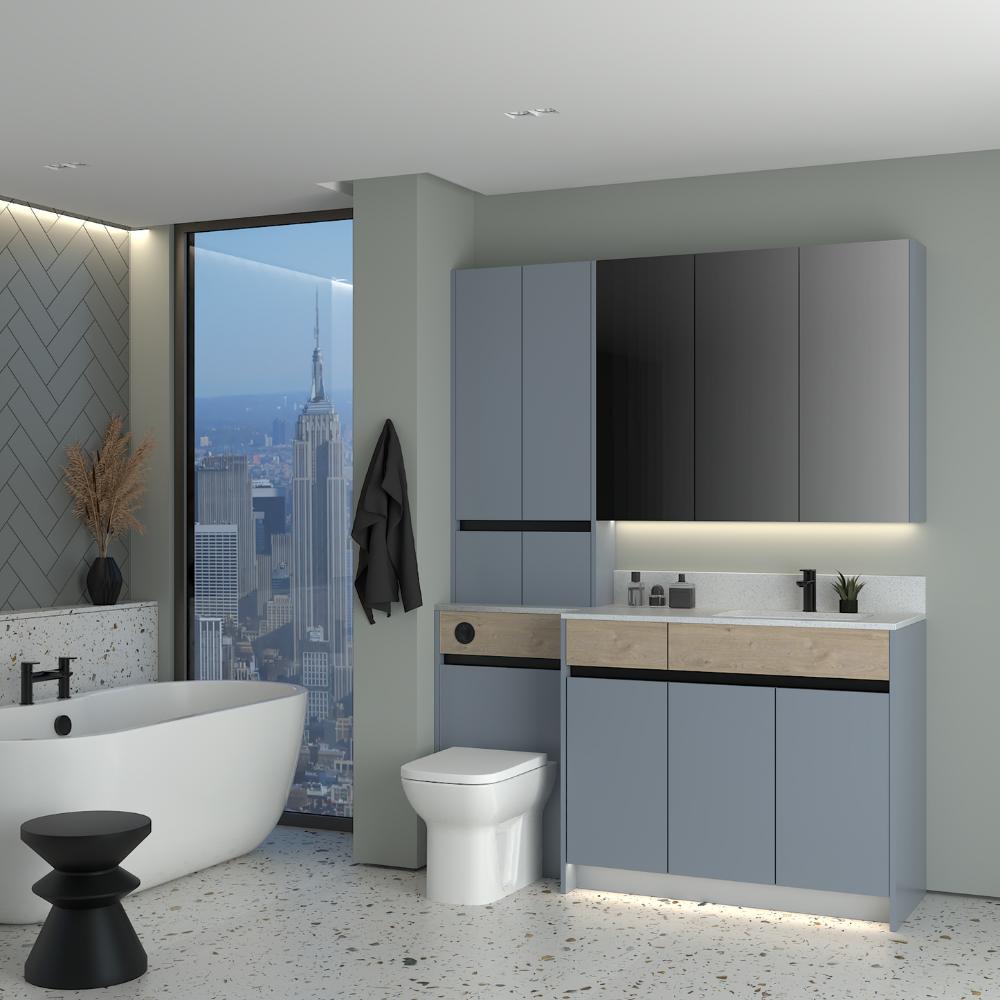 ELANA OAK / MATT WITH BLACK PROFILE & TAP BASE, TALL & WALL UNITS BATHROOM FITTED FURNITURE