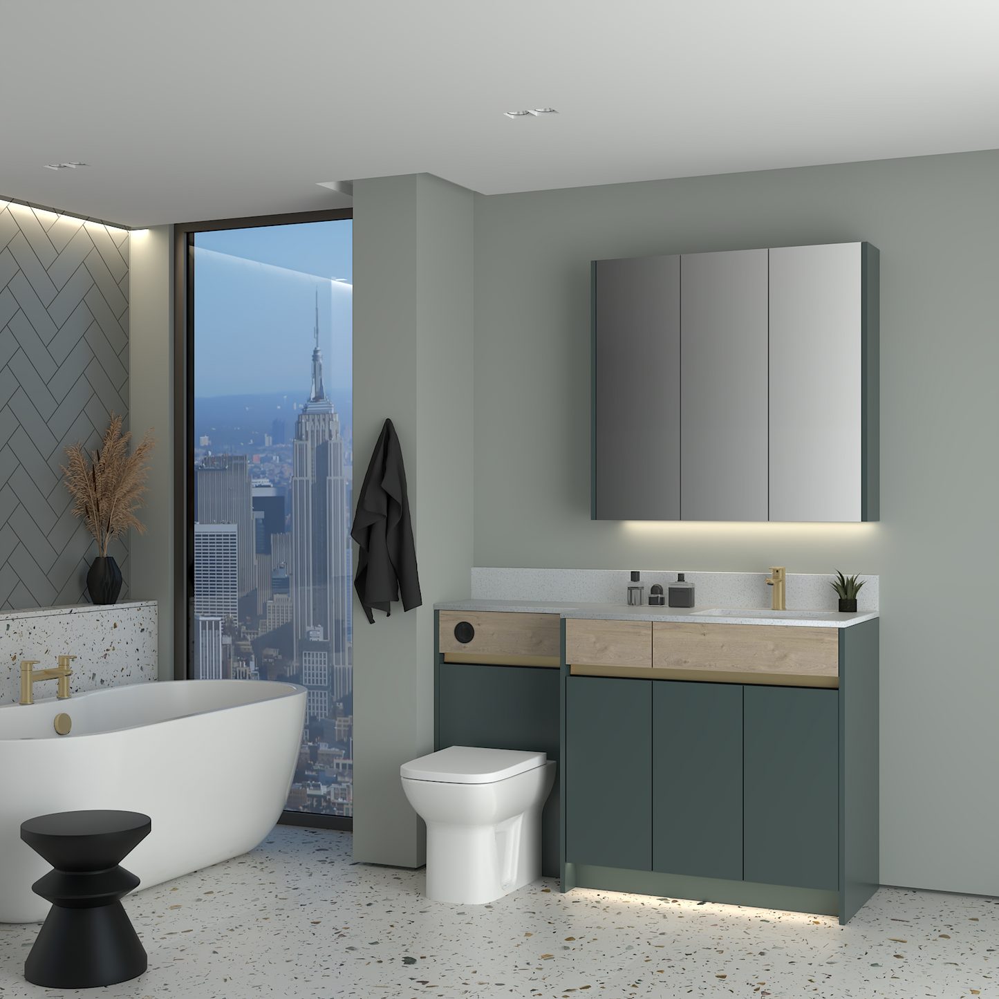 ELANA OAK / MATT WITH BRASS PROFILE & TAP BASE & WALL UNITS BATHROOM FITTED FURNITURE