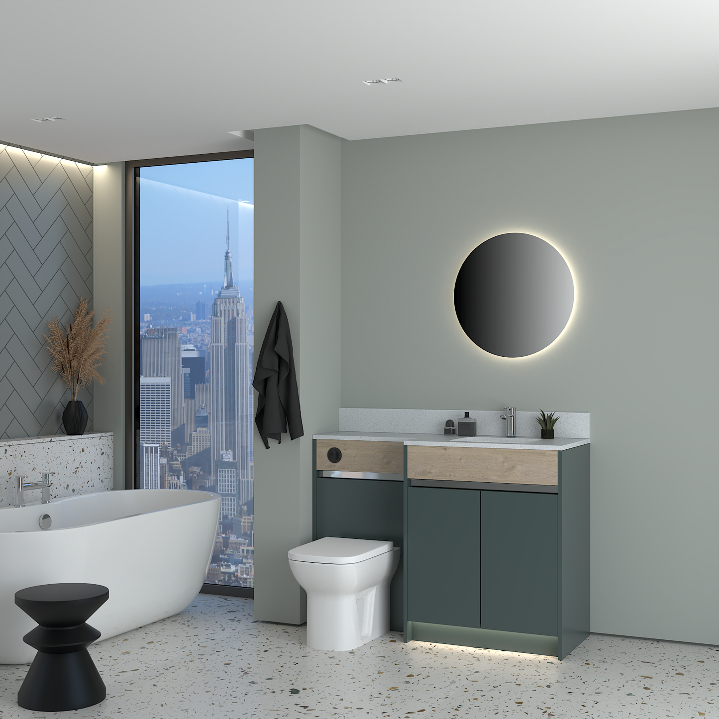 ELANA OAK / MATT WITH CHROME PROFILE & TAP BASE UNITS BATHROOM FITTED FURNITURE