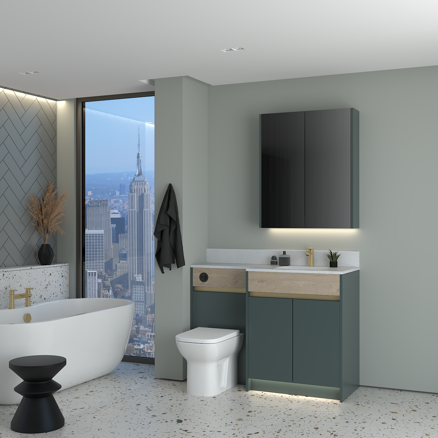 ELANA OAK / MATT WITH BRASS PROFILE & TAP BASE & WALL UNITS BATHROOM FITTED FURNITURE