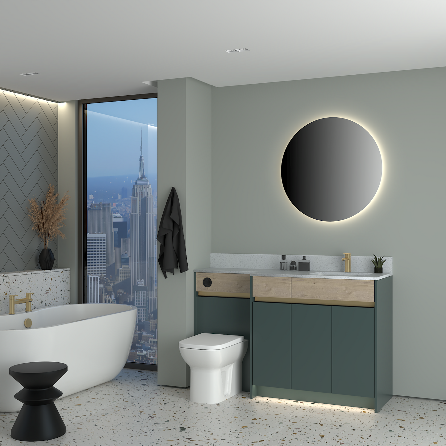 ELANA OAK / MATT WITH BRASS PROFILE & TAP BASE UNITS BATHROOM FITTED FURNITURE