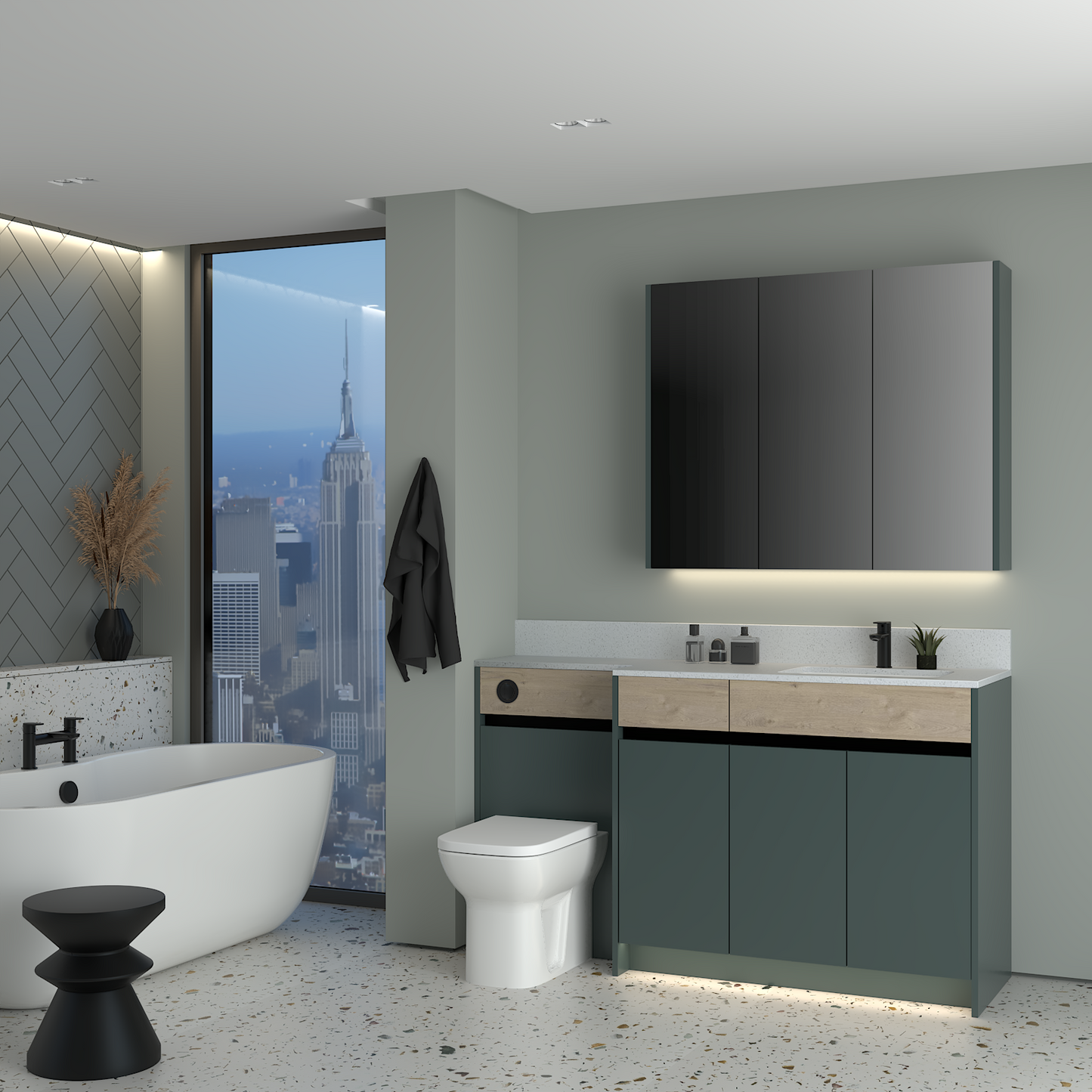 ELANA OAK / MATT WITH BLACK PROFILE & TAP BASE & WALL UNITS BATHROOM FITTED FURNITURE