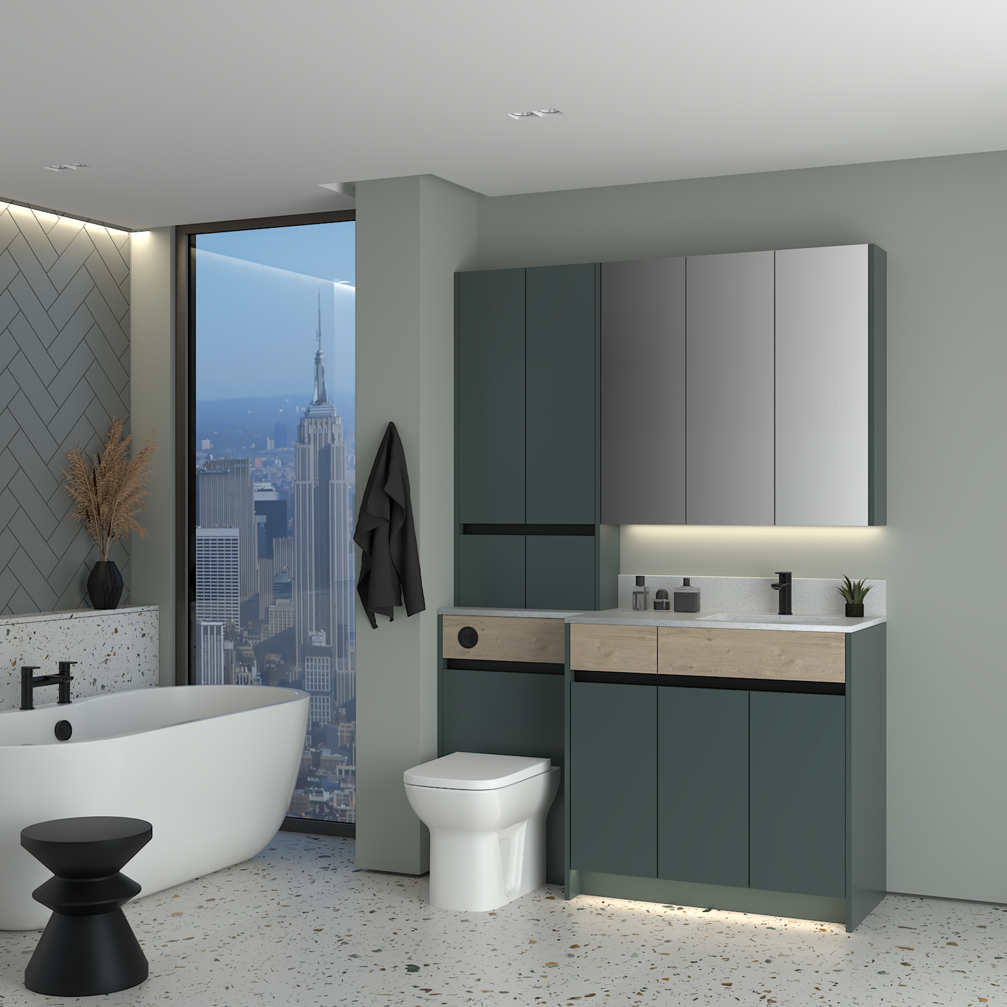 ELANA OAK / MATT WITH BLACK PROFILE & TAP BASE, TALL & WALL UNITS BATHROOM FITTED FURNITURE