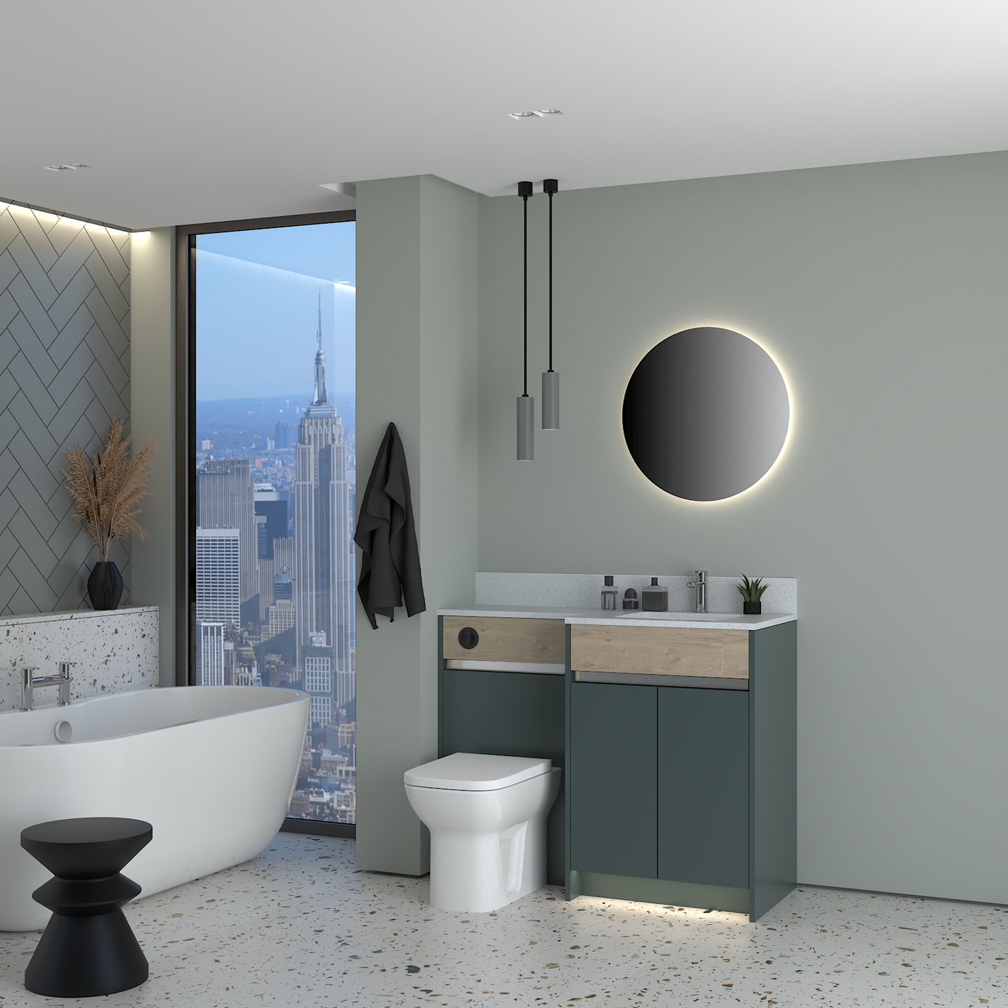 ELANA OAK / MATT WITH CHROME PROFILE & TAP BASE UNITS BATHROOM FITTED FURNITURE