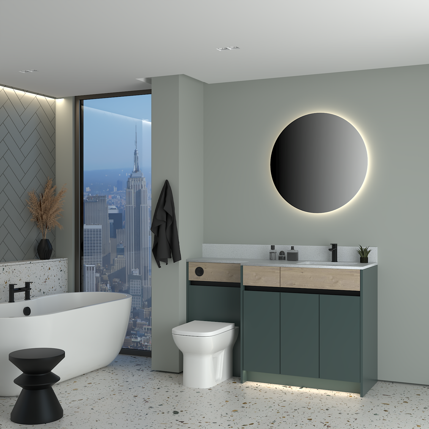 ELANA OAK / MATT WITH BLACK PROFILE & TAP BASE UNITS BATHROOM FITTED FURNITURE