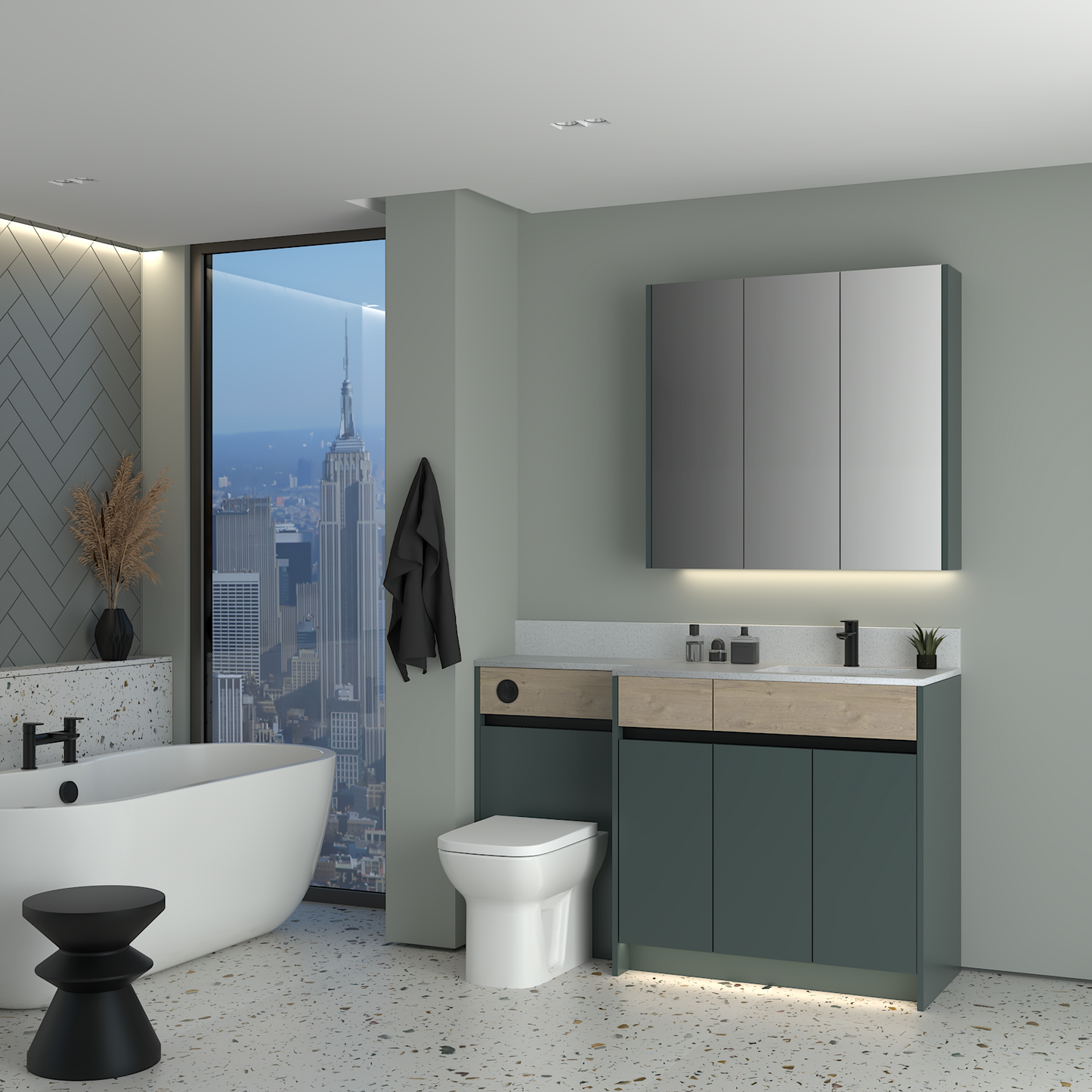 ELANA OAK / MATT WITH BLACK PROFILE & TAP BASE & WALL UNITS BATHROOM FITTED FURNITURE