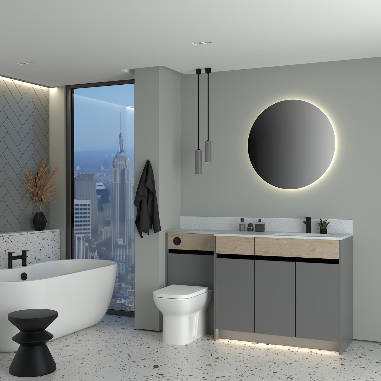 ELANA OAK / MATT WITH BLACK PROFILE & TAP BASE UNITS BATHROOM FITTED FURNITURE